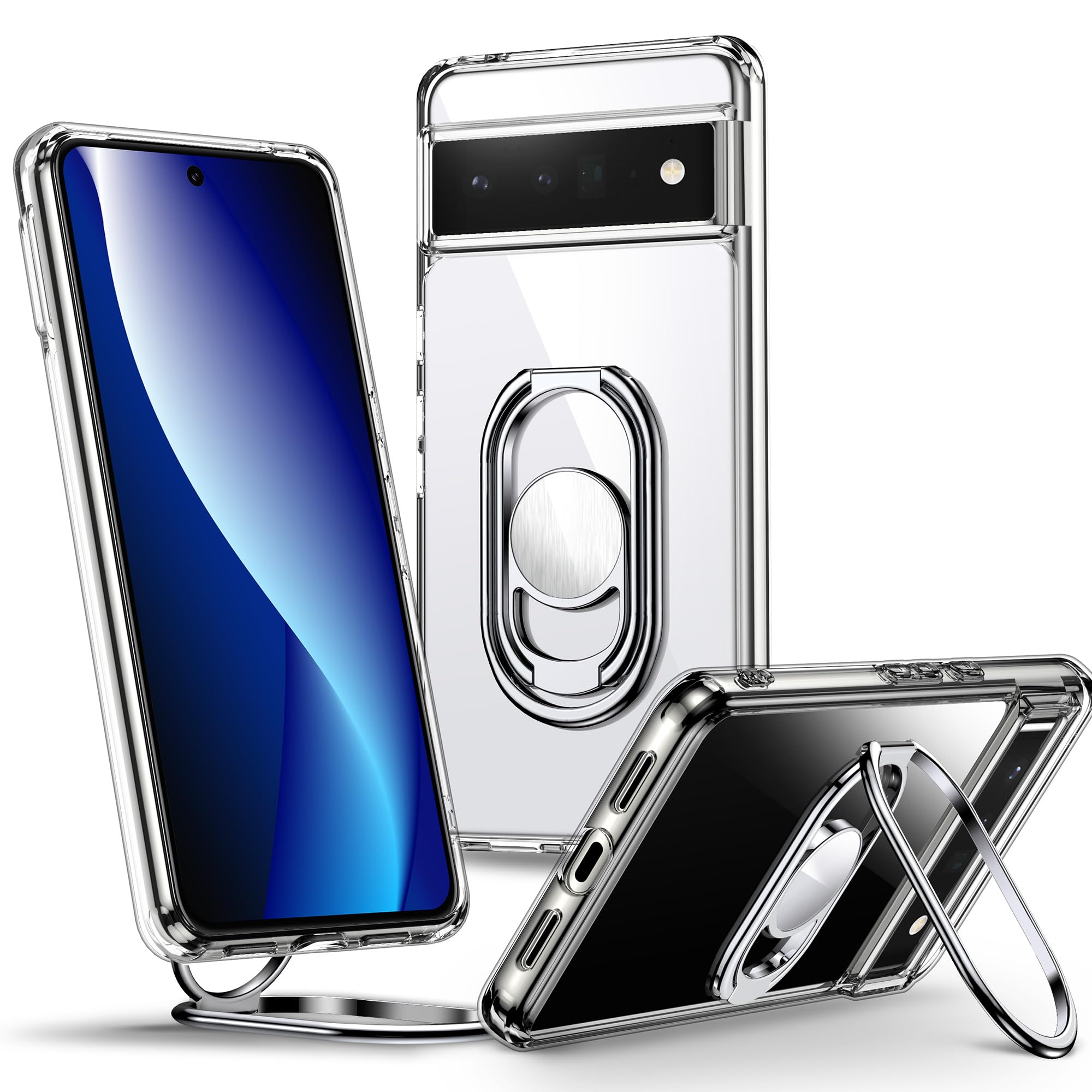 Shields Up for Google Pixel 6 Pro Case with Stand, Pixel 6 Pro Case Clear with Double Ring Holder [Adjustable & Foldable] Shockp