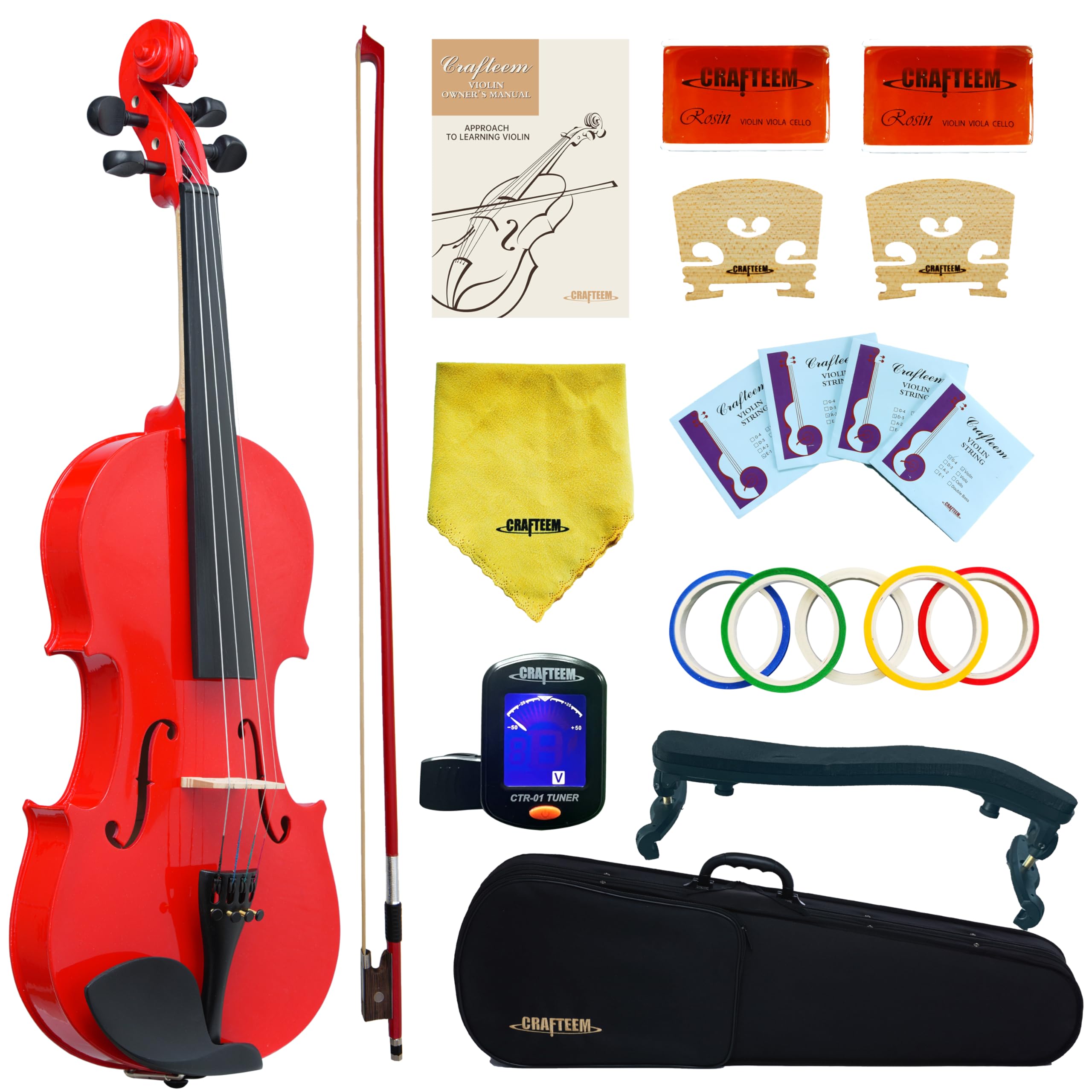 Crafteem 4/4 Full Size Fiddle Red Colored Premium Violin Outfit for Beginners Adults Kids With 5 Color Fingering Tape- Handcraft