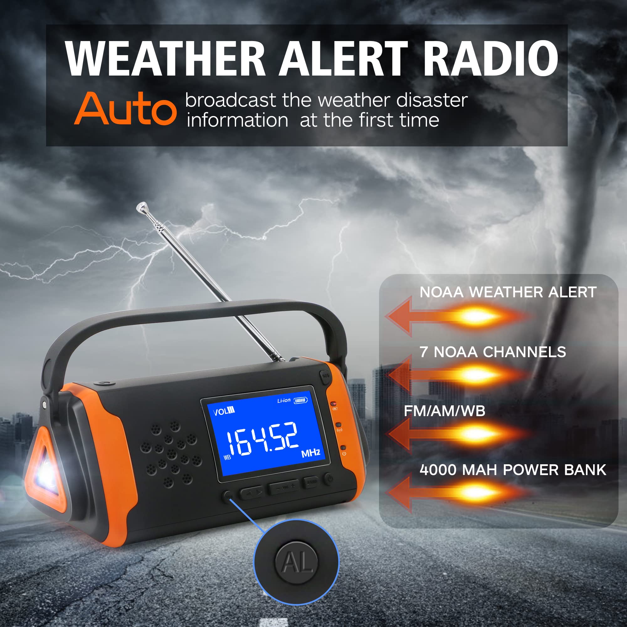 14800Mwh Emergency Noaa Weather Alert Radio: Hand Crank Solar Portable Radio With Battery Operated, Lcd Display, Aux Music Play, Flashlight, Sos Alarm, Emergency Phone Charger For Outdoor Emergency