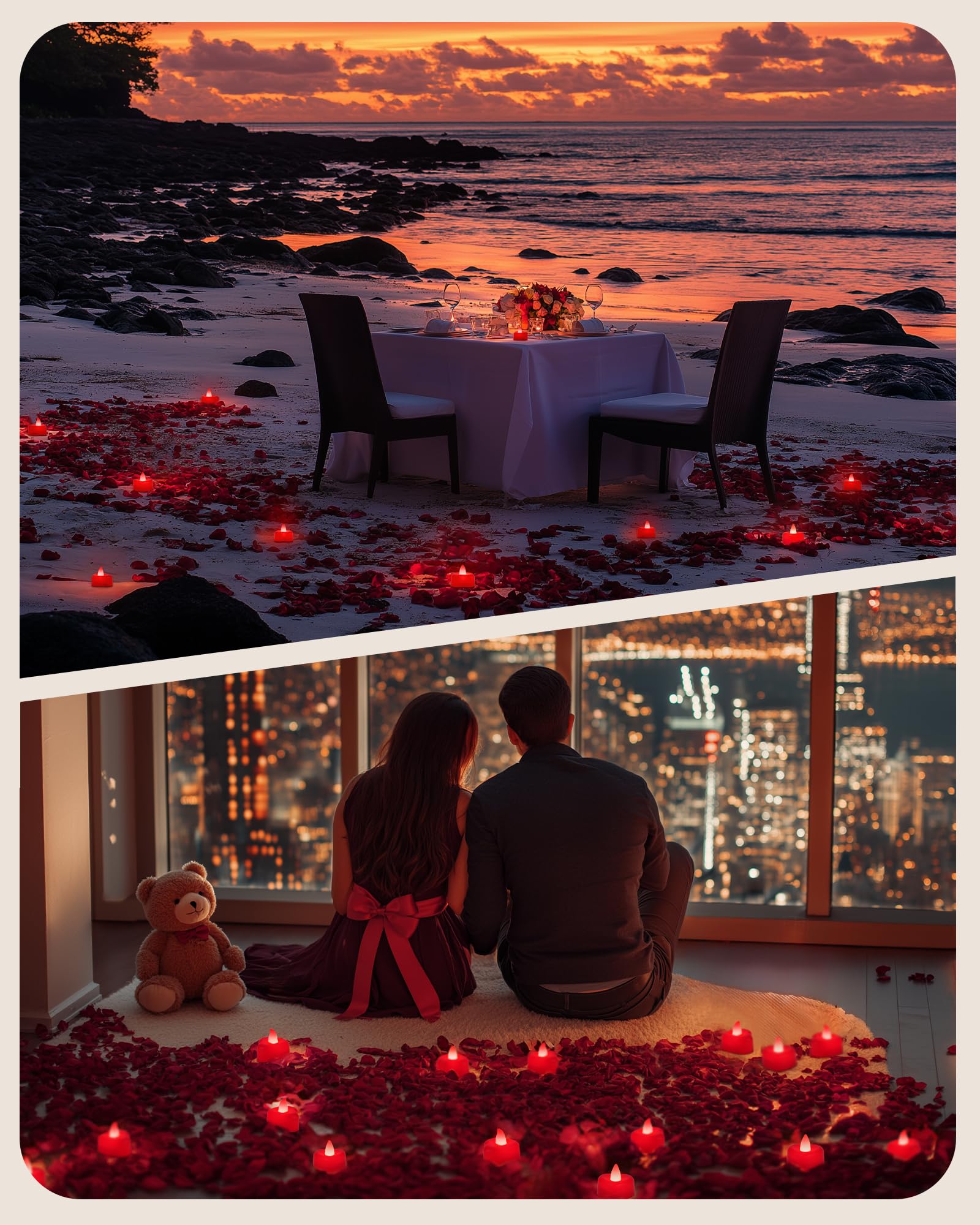 Amagic 2000 Pieces Red Artificial Rose Petals With 24 Red Heart Led Tea Lights, Rose Petals And Candles Set For Proposal, Annive