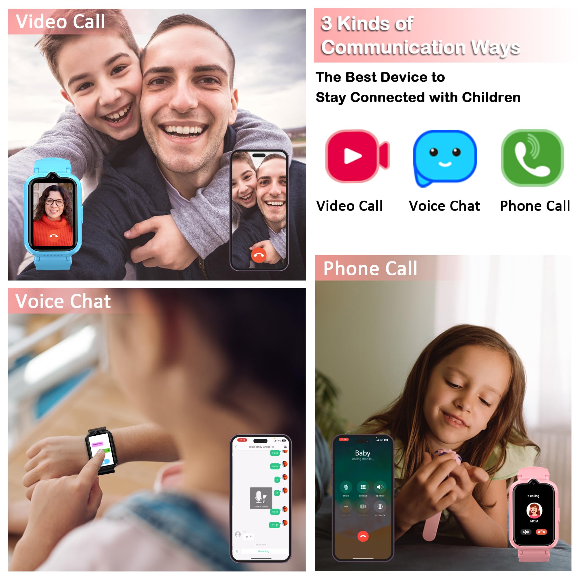 4G Kids Smart Watches Girls With Gps Tracker Phone Calling Video & Voice Chat, Wifi Touch Screen Kids Watches For Girls Ages 5 12 Sos Call Camera Alarm Clock Pedometer Birthday Gifts For Kids