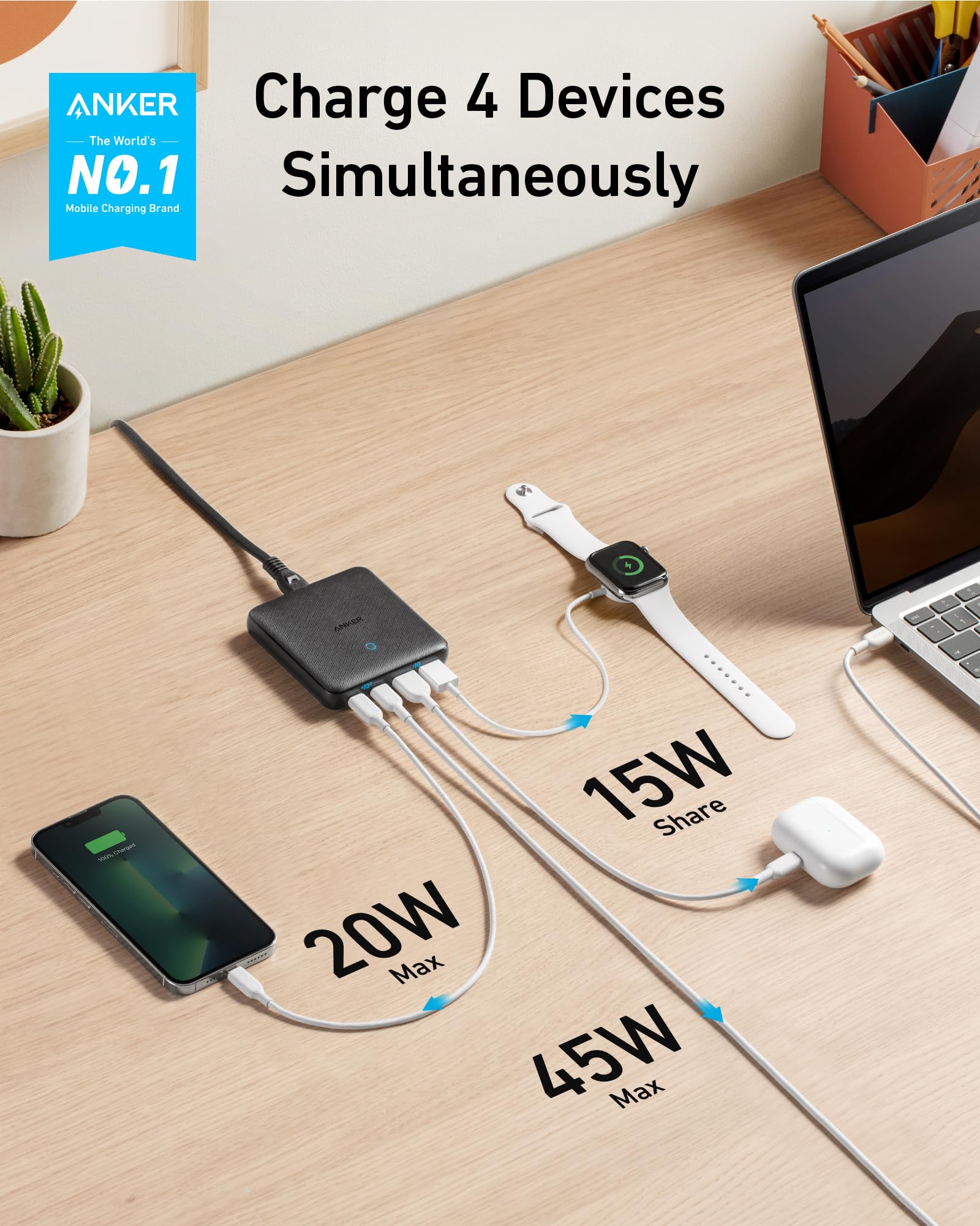 Anker Usb C Charger, 543 (65W Ii), Piq 3.0 & Gan 4 Port Slim Fast Wall Charger, With Dual Usb C Ports (45W Max), For Macbook, La
