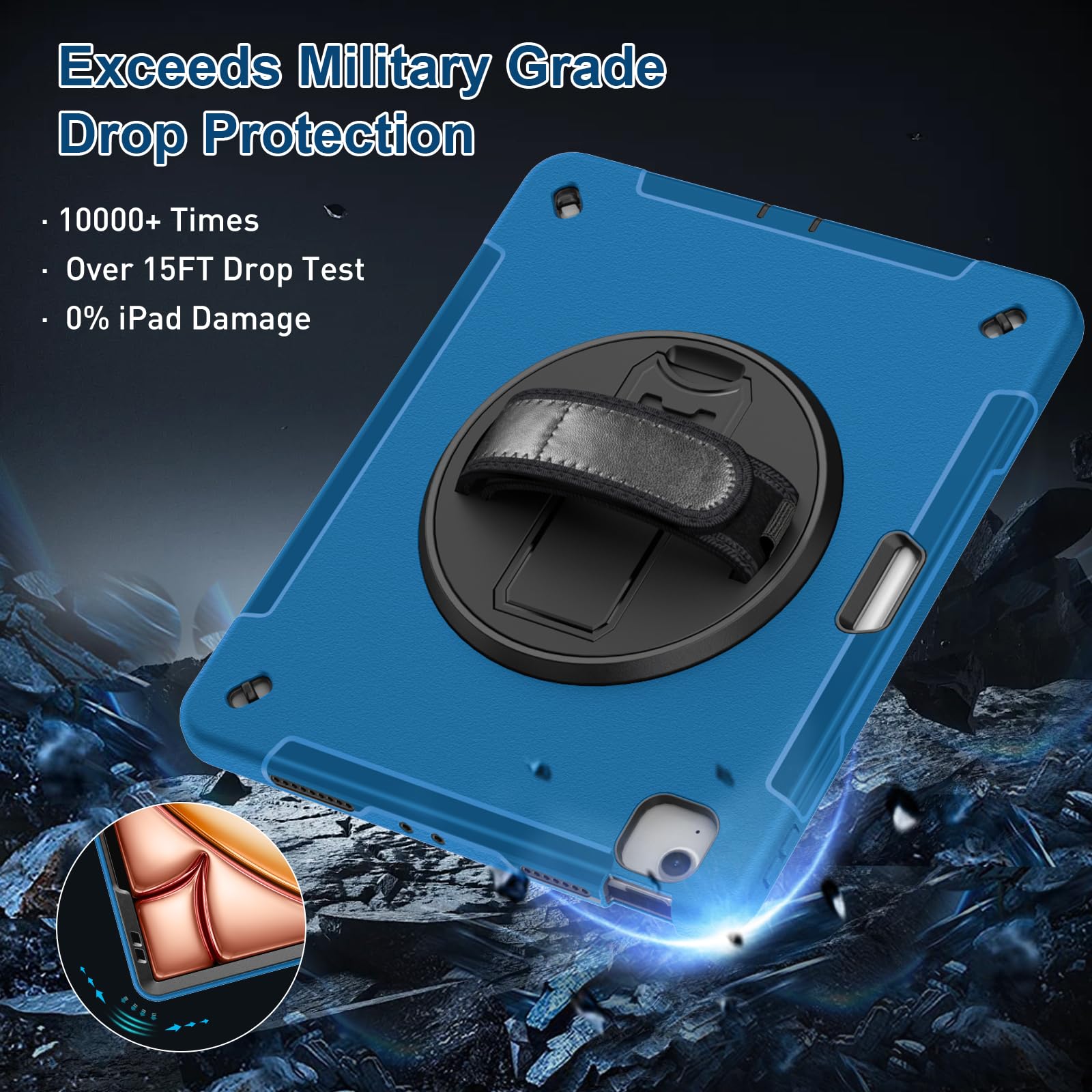 Supfives Case For Ipad Air 13 Inch 2024,With Screen Protector+Hand Strap+Shoulder Strap+Rotating Kickstand+Pencil Holder,Blue