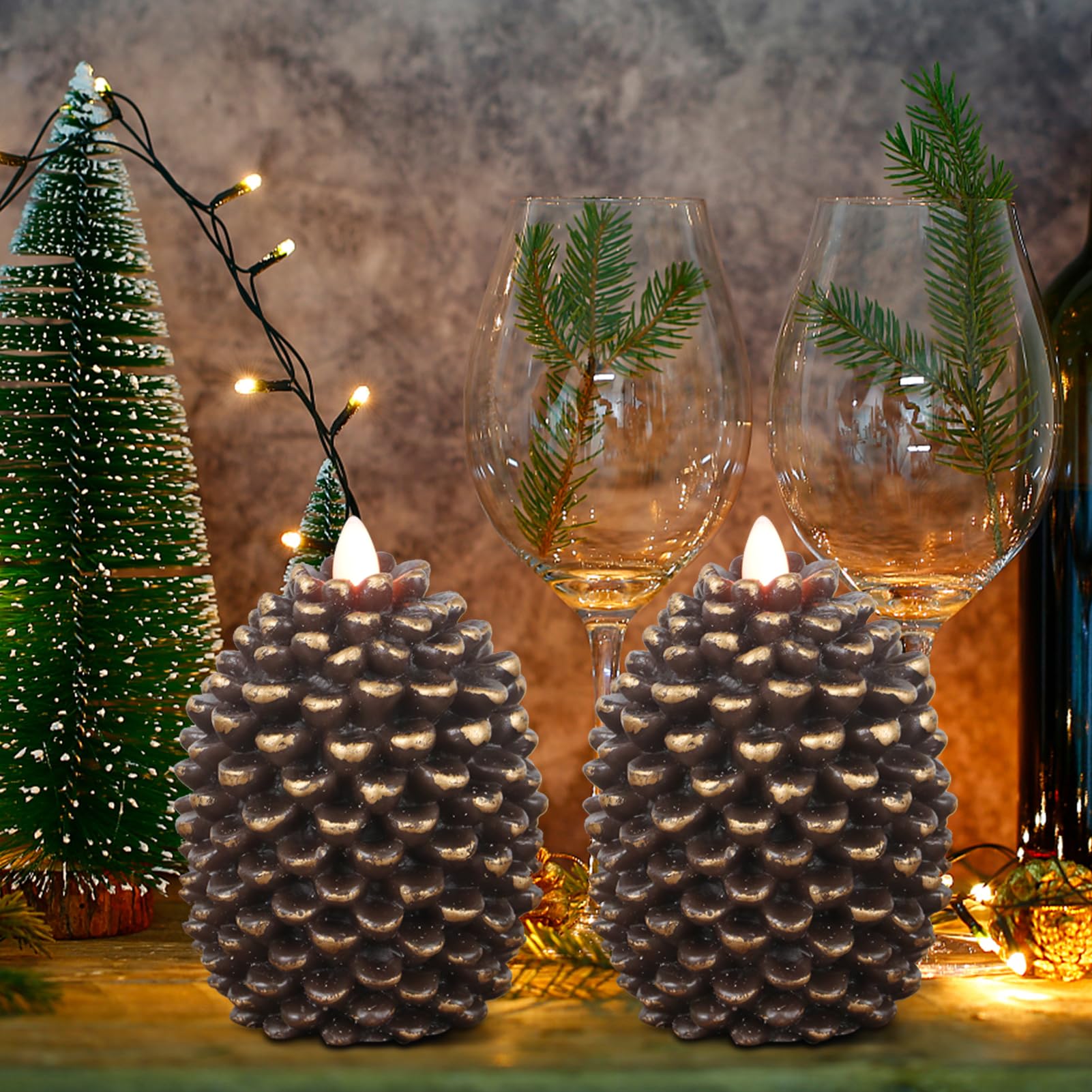 Lasumora Led Flameless Pinecone Candles With 6H Timer, Battery Operated Waxy Pillar Candles, 2 Pack Christmas Candles Flickering