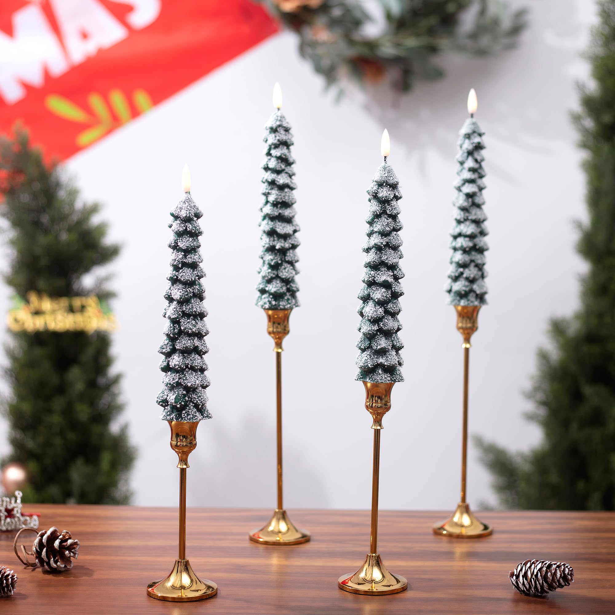 Stmarry 4 Pack Christmas Tree Candles Covered In Snow With Remote, 9.65 Inch Real Wax Flameless Taper Candles, Led Candles Batte