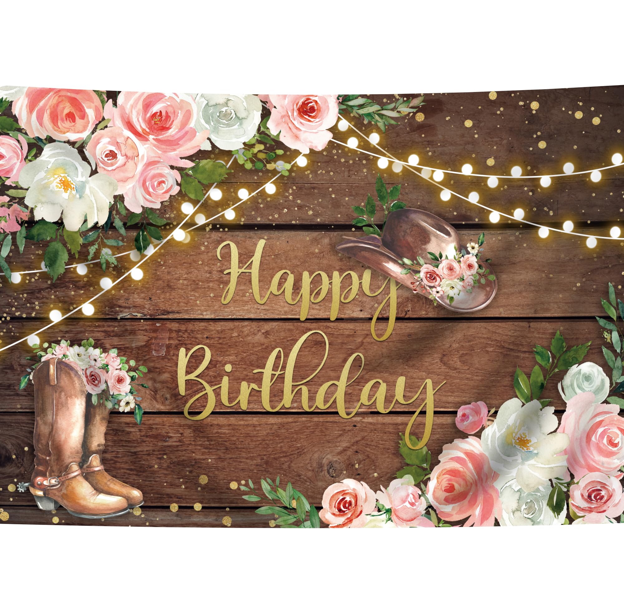 Svbright Cowgirl Western Birthday Backdrop 5Wx3H Rustic Country Wooden Plank Pink Flower Floral Retro Happy Birthday Baby Shower