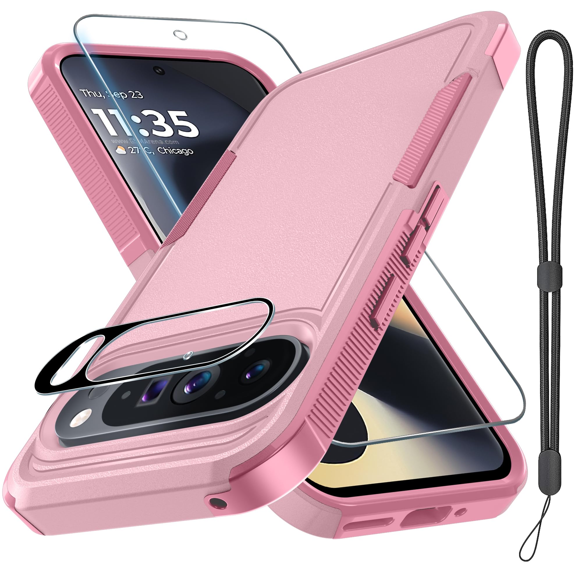 Rmocr Case For Google Pixel 9/9 Pro, Full Body Heavy Duty Rugged Shockproof Protective Phone Cover With Lanyard Strap, Tempered