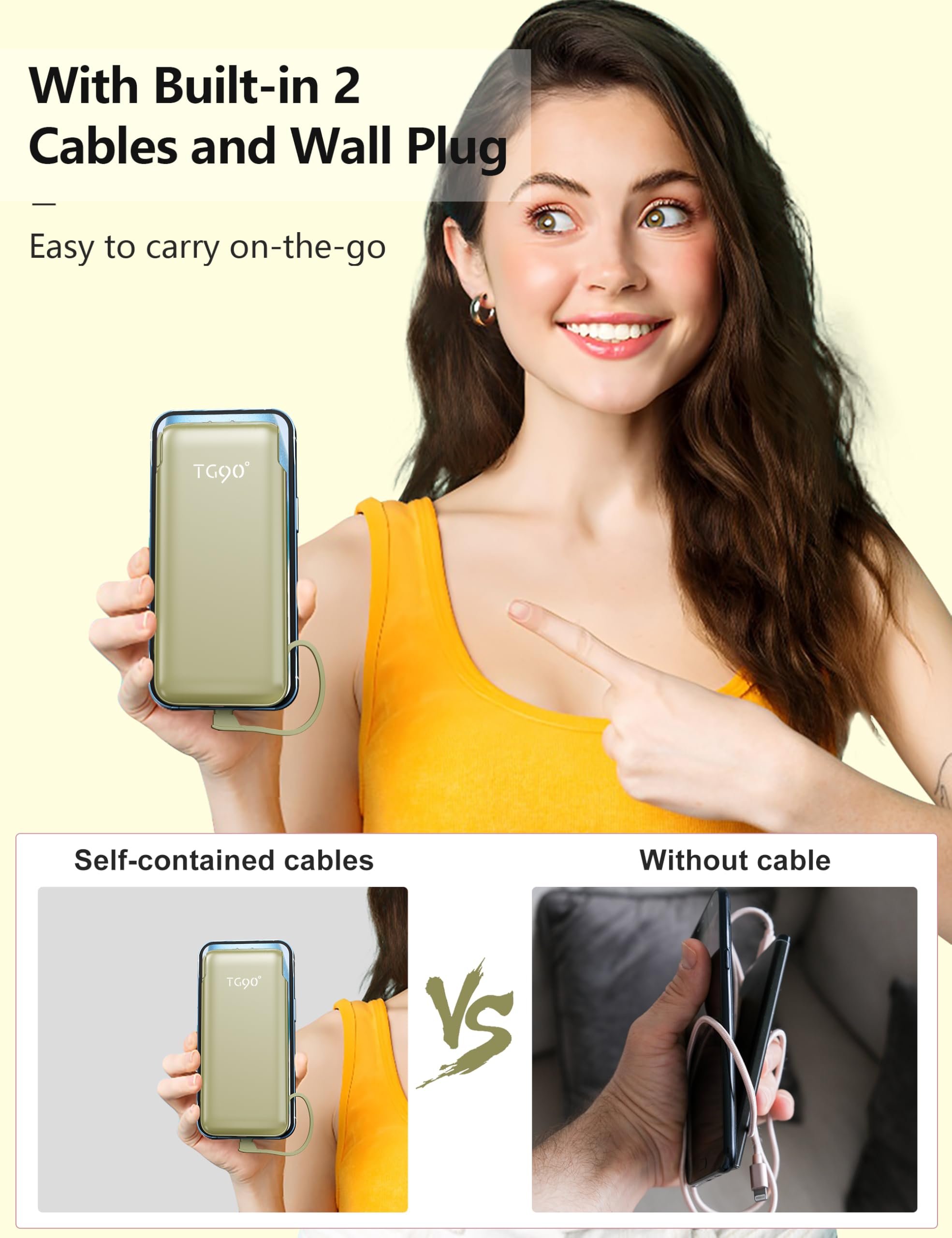 Metecsmart Portable Charger Power Bank With Built In Cable And Ac Wall Plug, 10000Mah Fast Usb C Phone Charger, Slim Thin Mini C