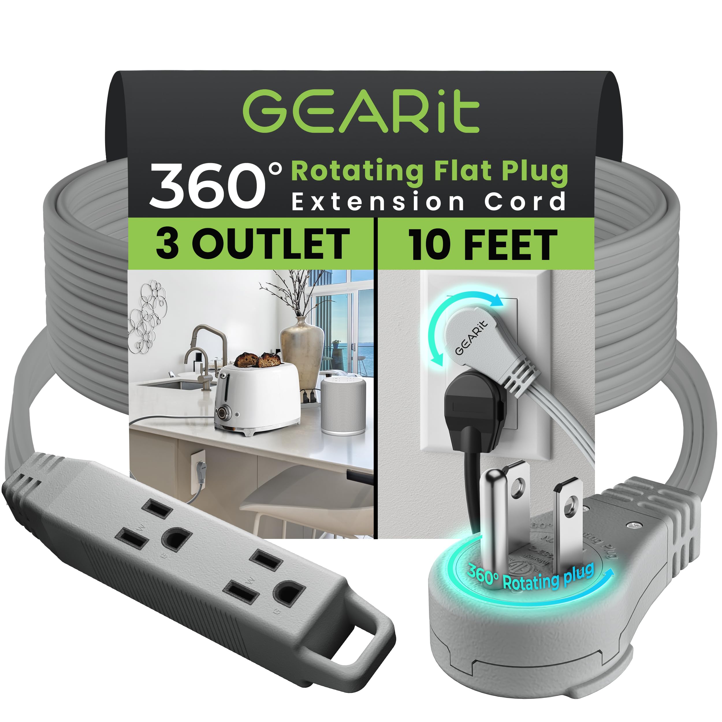 Gearit 360 Rotating Flat Plug Extension Cord With 3 Outlets (10Ft, Gray) 16Awg/13A 3 Prong Wire, Outlet Saver For Home Office Do