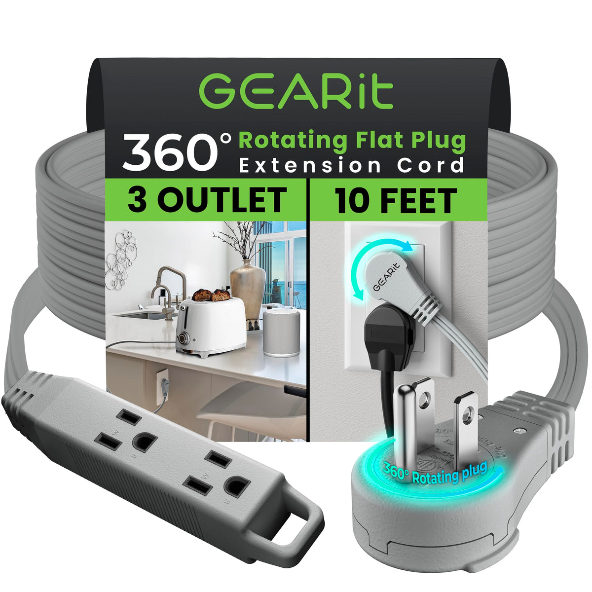 Gearit 360 Rotating Flat Plug Extension Cord With 3 Outlets (10Ft, Gray) 16Awg/13A 3 Prong Wire, Outlet Saver For Home Office Do