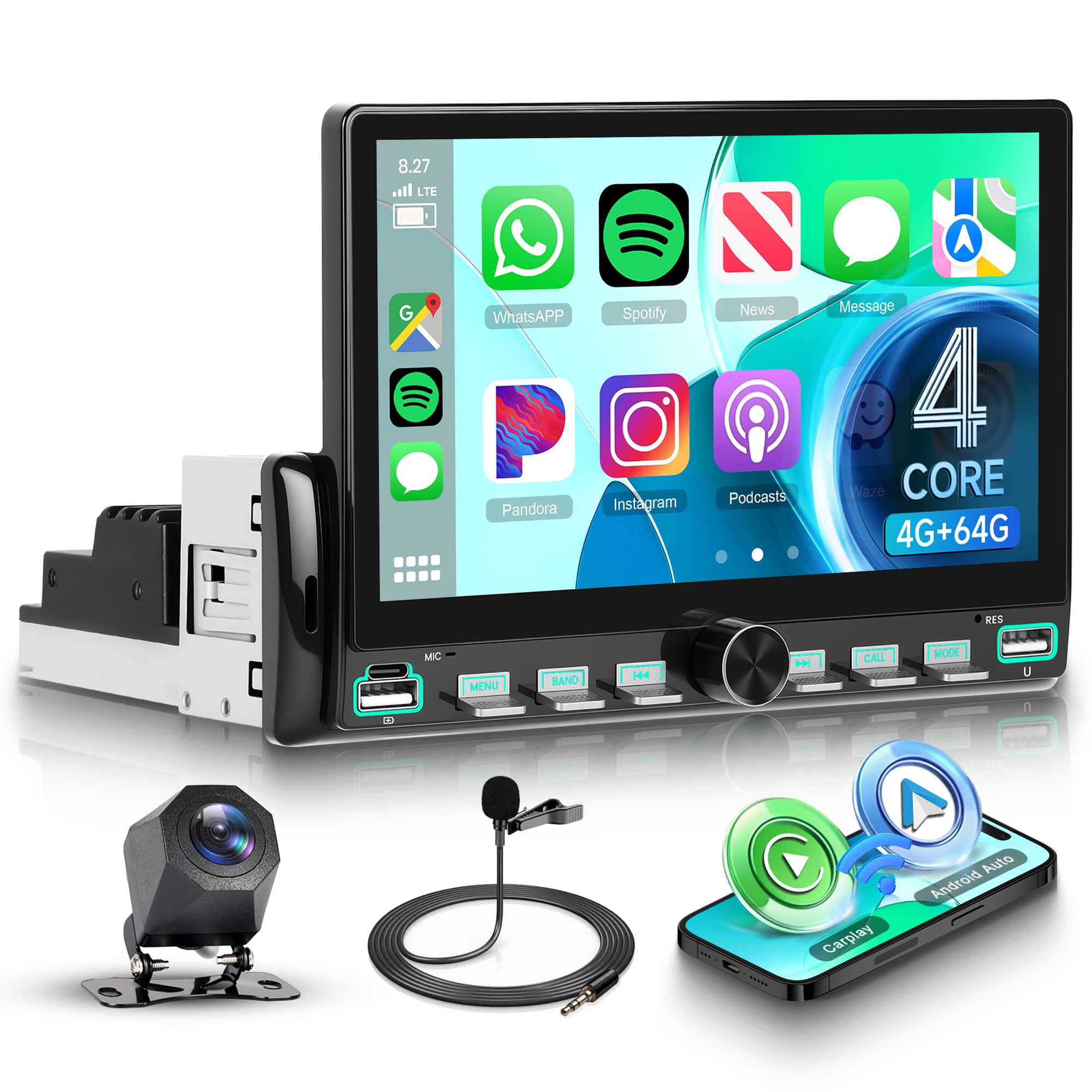 Single Din Android Car Stereo with Wireless Carplay Android Auto, Orderich 4G+64G 7 Touch Screen Car Radio 1 Din with backup Cam