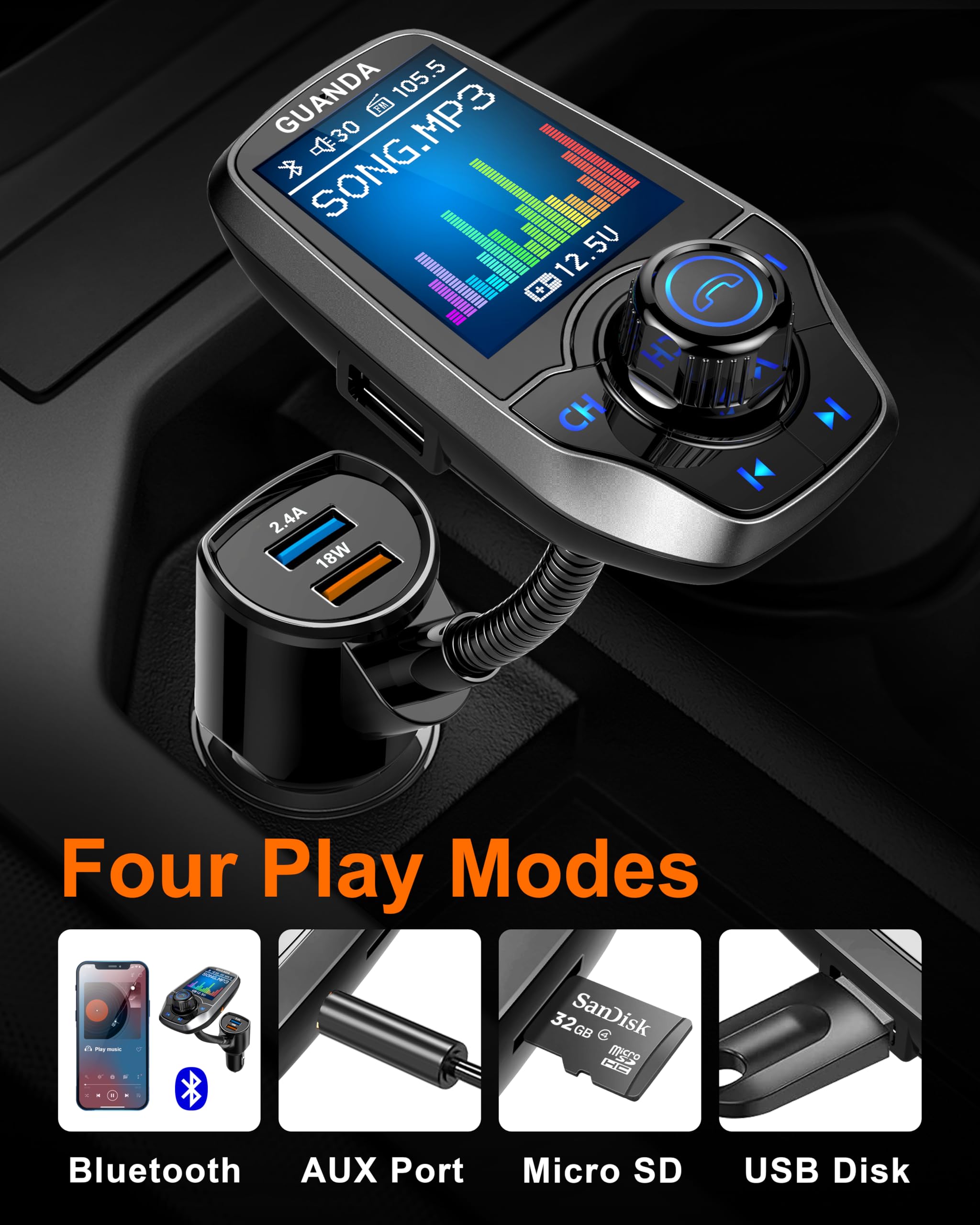 Upgraded Bluetooth Fm Transmitter For Car, Wireless Radio Adapter Kit W 1.8'' Color Display Hands Free Call Aux In/Out Sd/Tf Car
