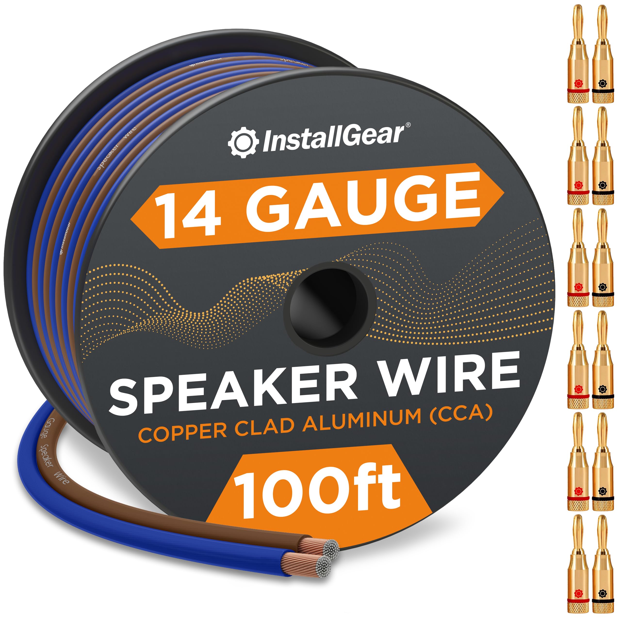 Installgear 14 Gauge Speaker Wire Cable With 12 Banana Plugs (100 Feet), 14 Awg Speaker Wire Cable Great For Car Speaker Wire 14 Gauge Car Speaker Stereos, Home Theater Speakers, Car Audio Wiring Kit