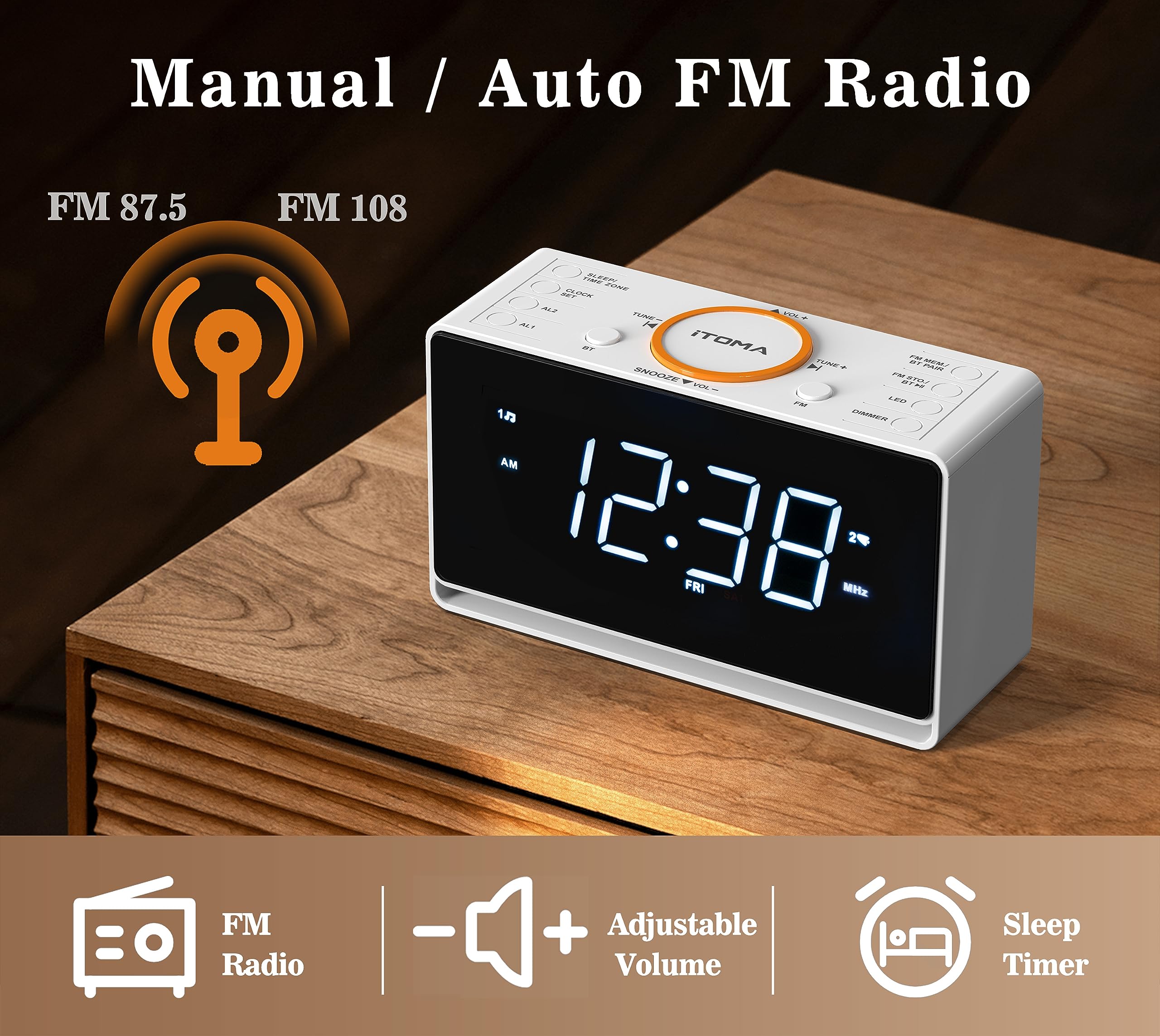 Itoma Alarm Clock Radio, 1.4'' White Led Display Clock With Bluetooth, Fm Radio, Dual Alarm, Sleep Timer, Snooze, Auto & Manual