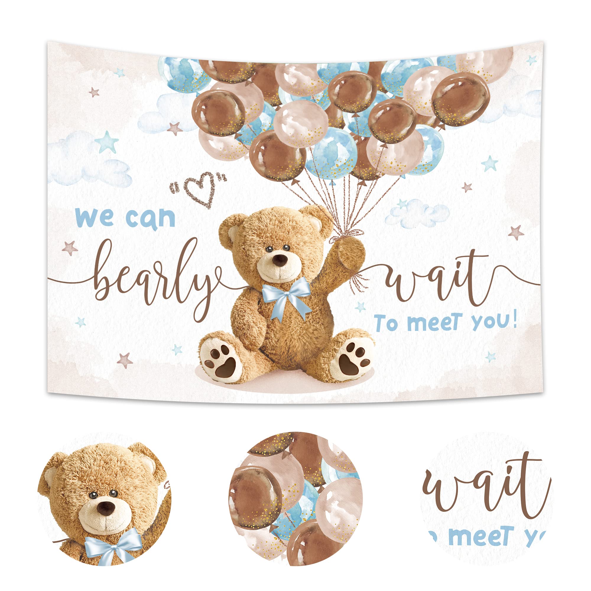 Imirell We Can Bearly Wait Backdrop 7Wx5H Feet, Bear Baby Shower Decorations For Boys, Cute Lovely Cartoon Balloons Baby Shower