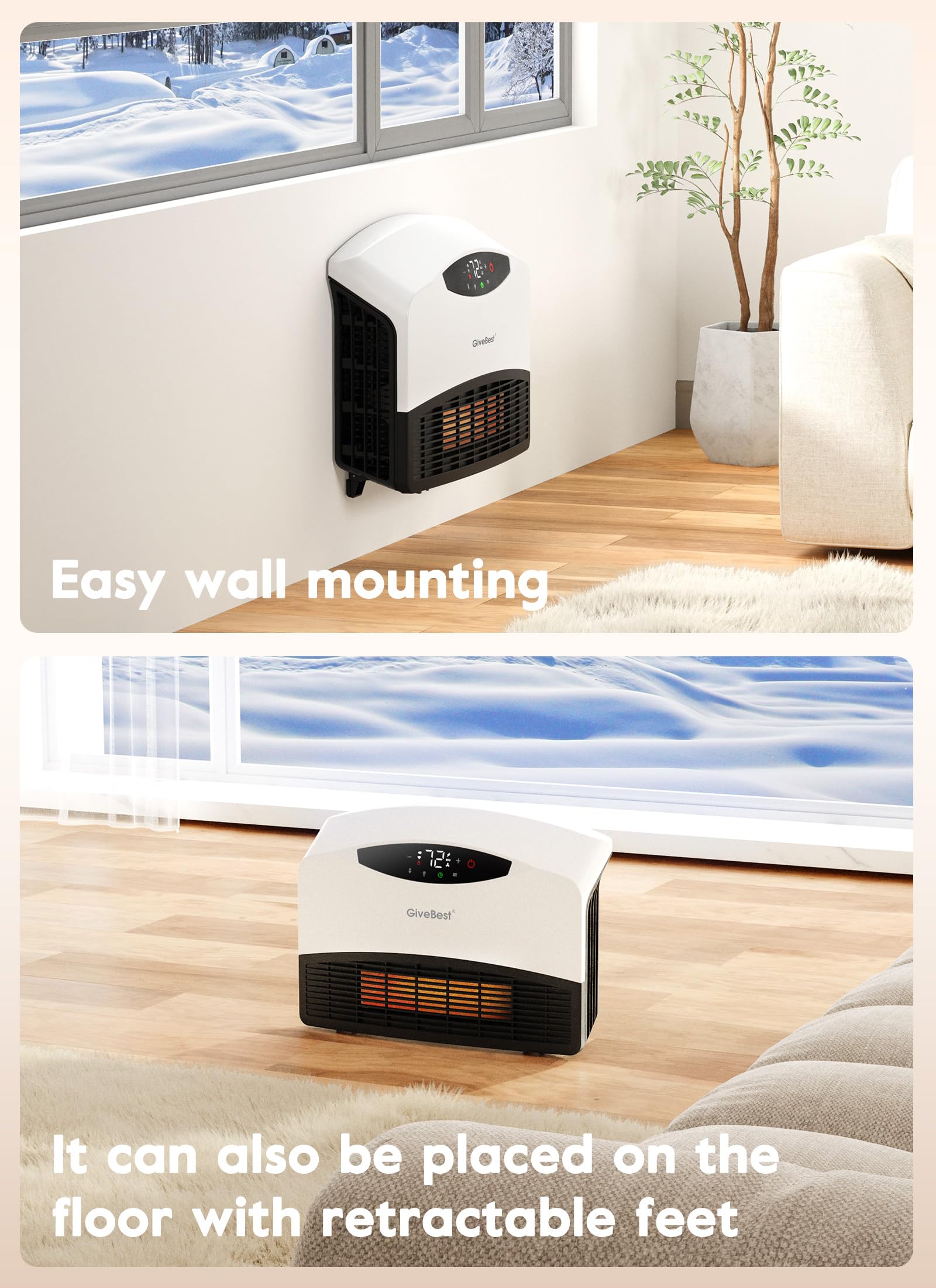 Givebest Electric Wall Heater With Wifi And Remote Control, Floor Or Wall Mounted Heater, Large Room Coverage, 3 Heating Modes,