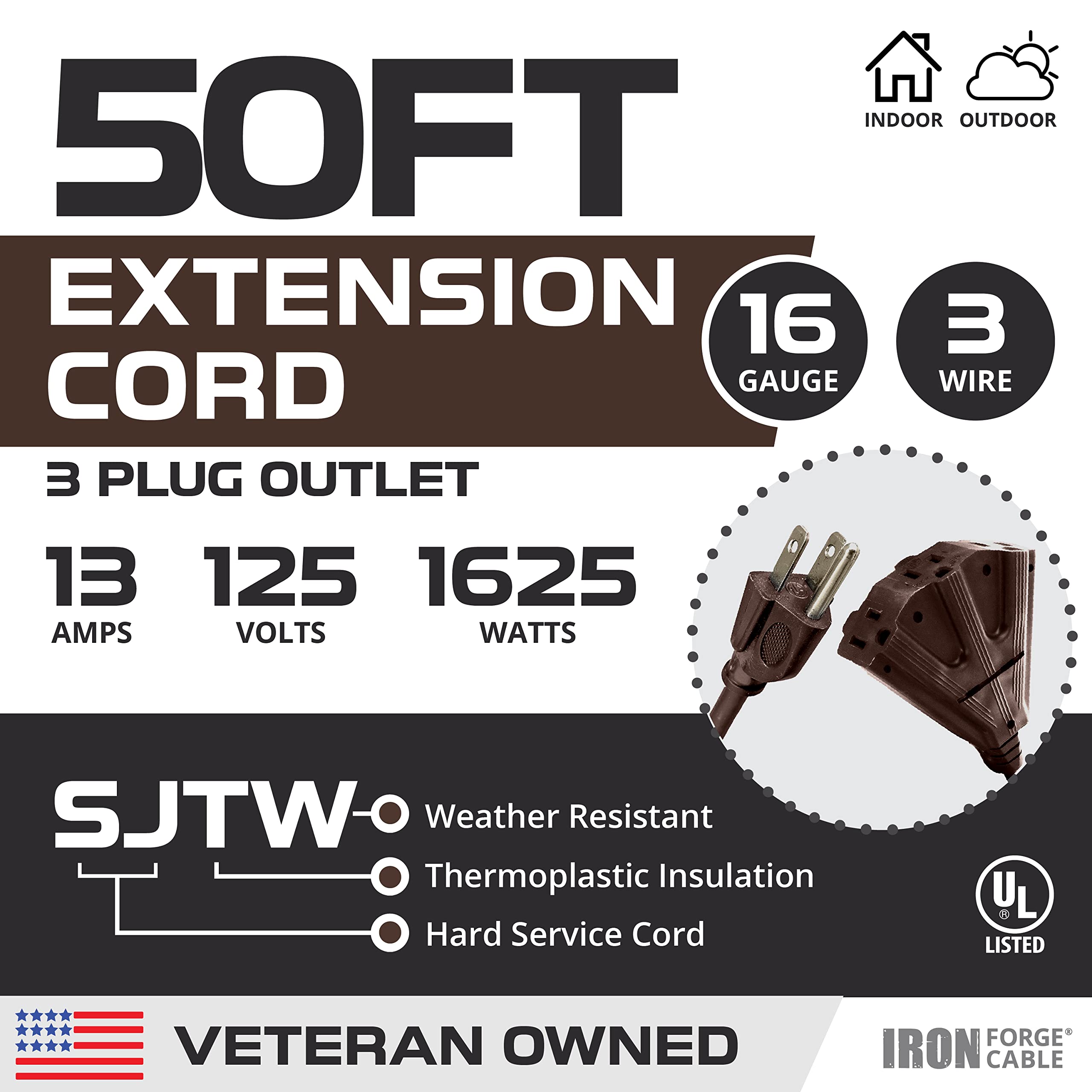 Iron Forge Cable 50 Ft Brown Outdoor Extension Cord With 3 Outlet Pigtail, 16/3 Sjtw Weatherproof Multiple Outlets Electrical Ca