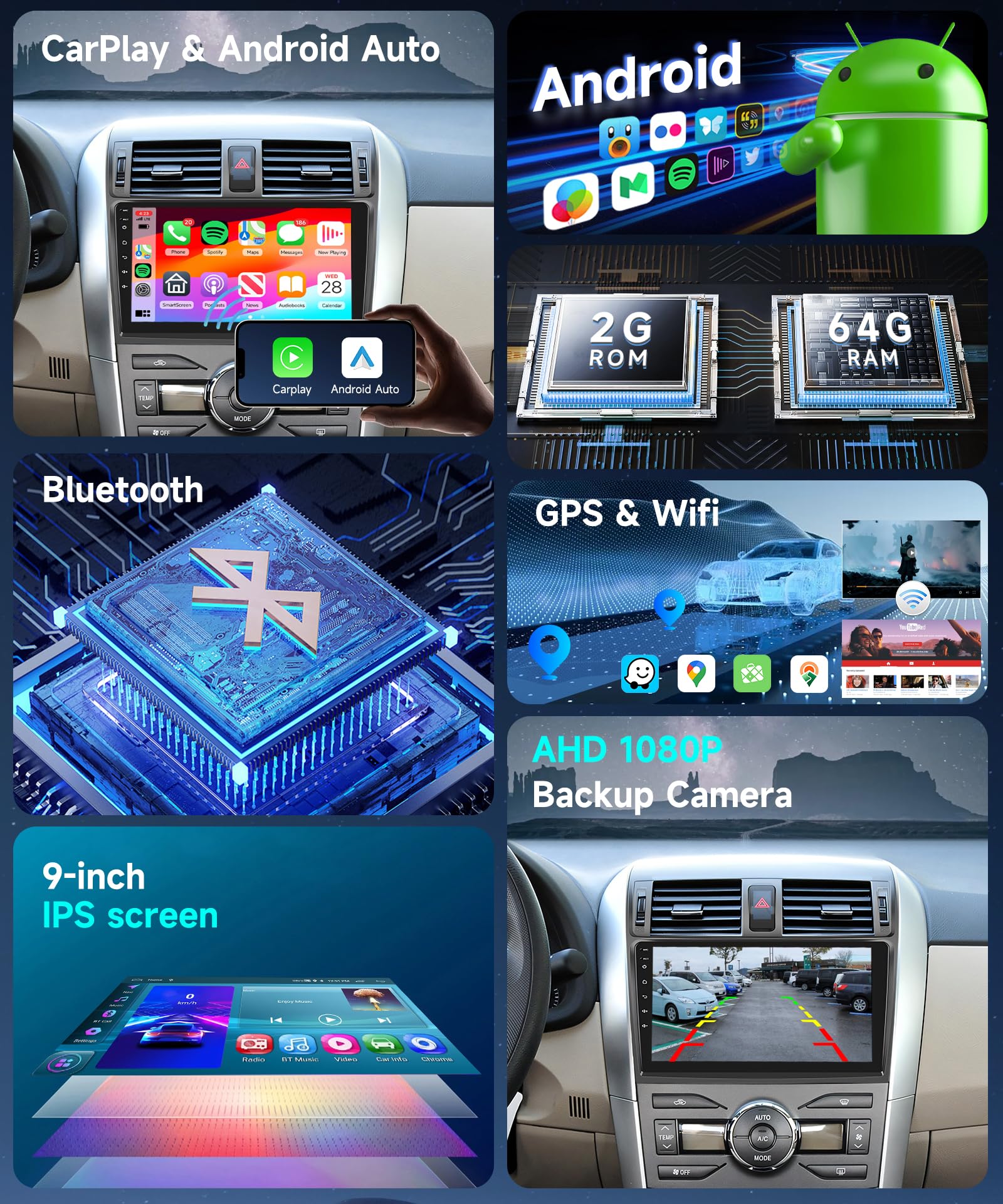 2G 64G Car Stereo Radio For Toyota Corolla 2009 2010 2011 2012 2013 With Wireless Carplay/Android Auto/Mirrorlink/9Inch Hd Ips Touch Screen/Bluetooth/Gps/Eq/28Uis/Wifi/Ahd Backup Camera