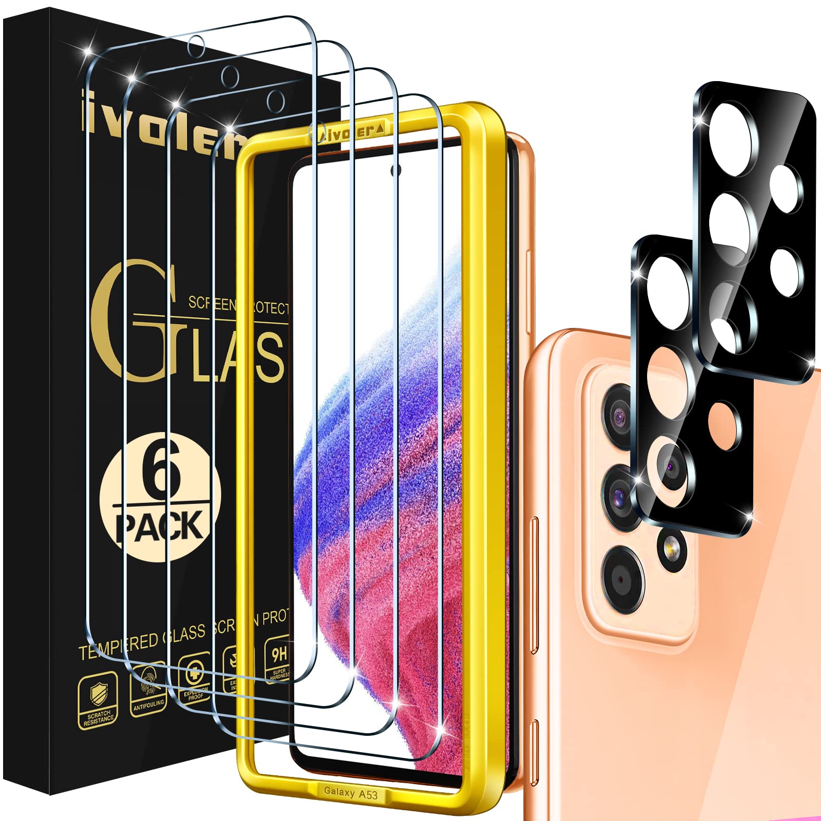 Ivoler [4+2 Pack] Screen Protector For Samsung Galaxy A53 5G 6.5'' 2022 [4 Pack] With [2 Pack] Camera Lens Protector Tempered Gl