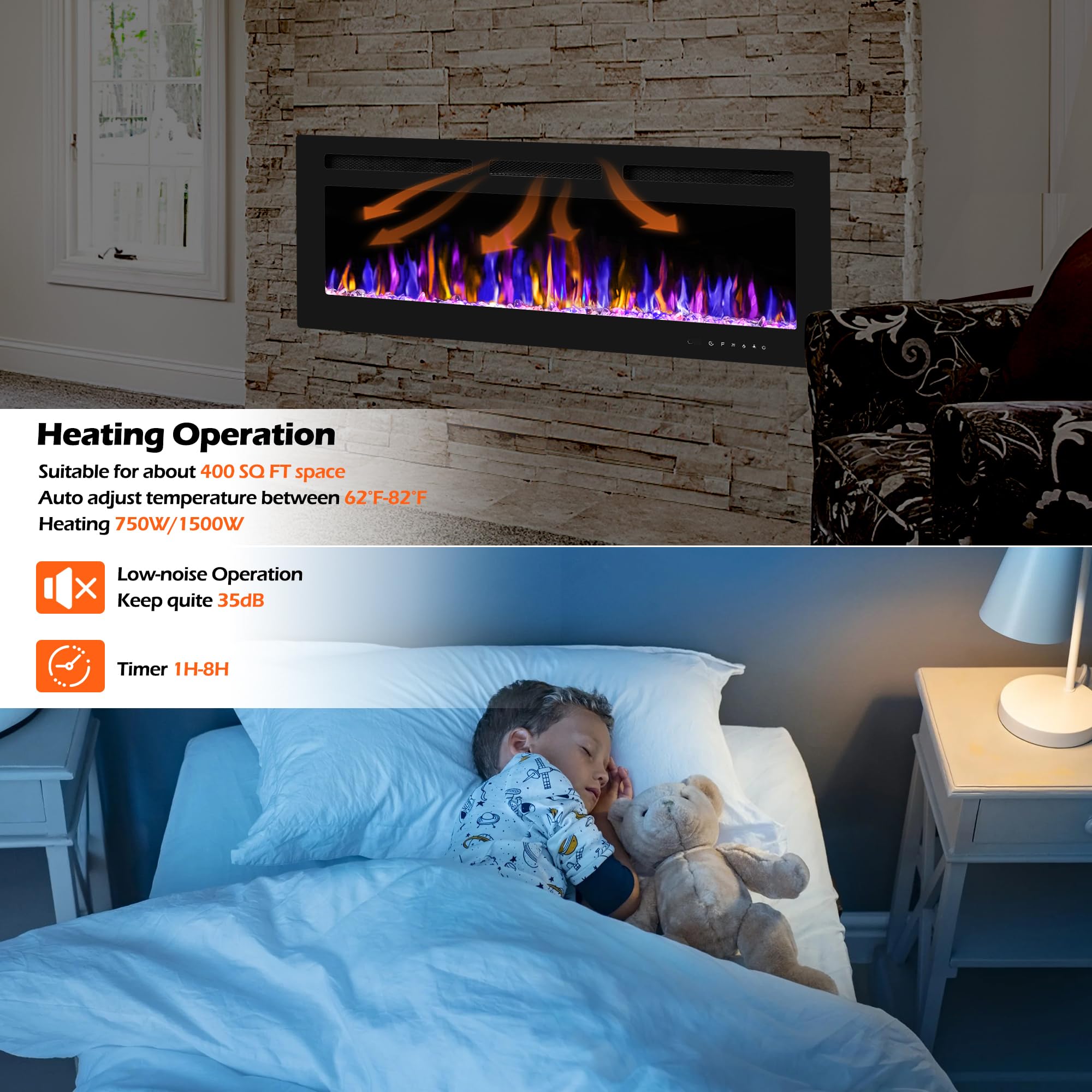 Betelnut 50'' Electric Fireplace Wall Mounted And Recessed With Remote Control, 750/1500W Ultra Thin Wall Fireplace Heater W/Tim