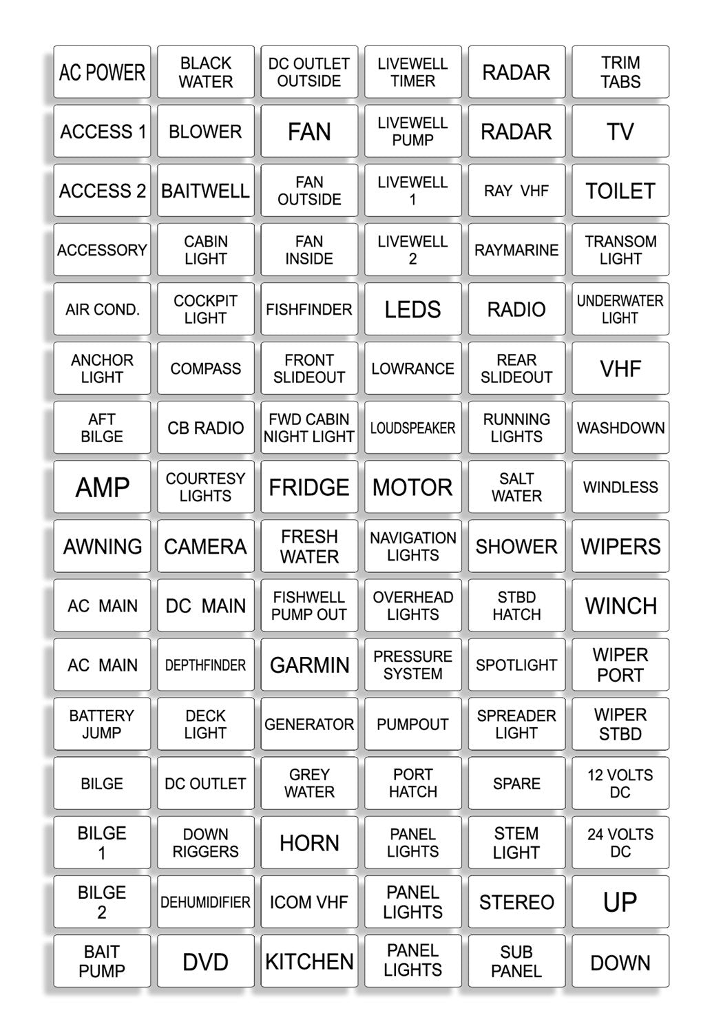 White Marine Boat Dash Board Switch Instrument Panel Decal Sticker Labels Sheet Light Switch Fuse Description Button Boating Fis