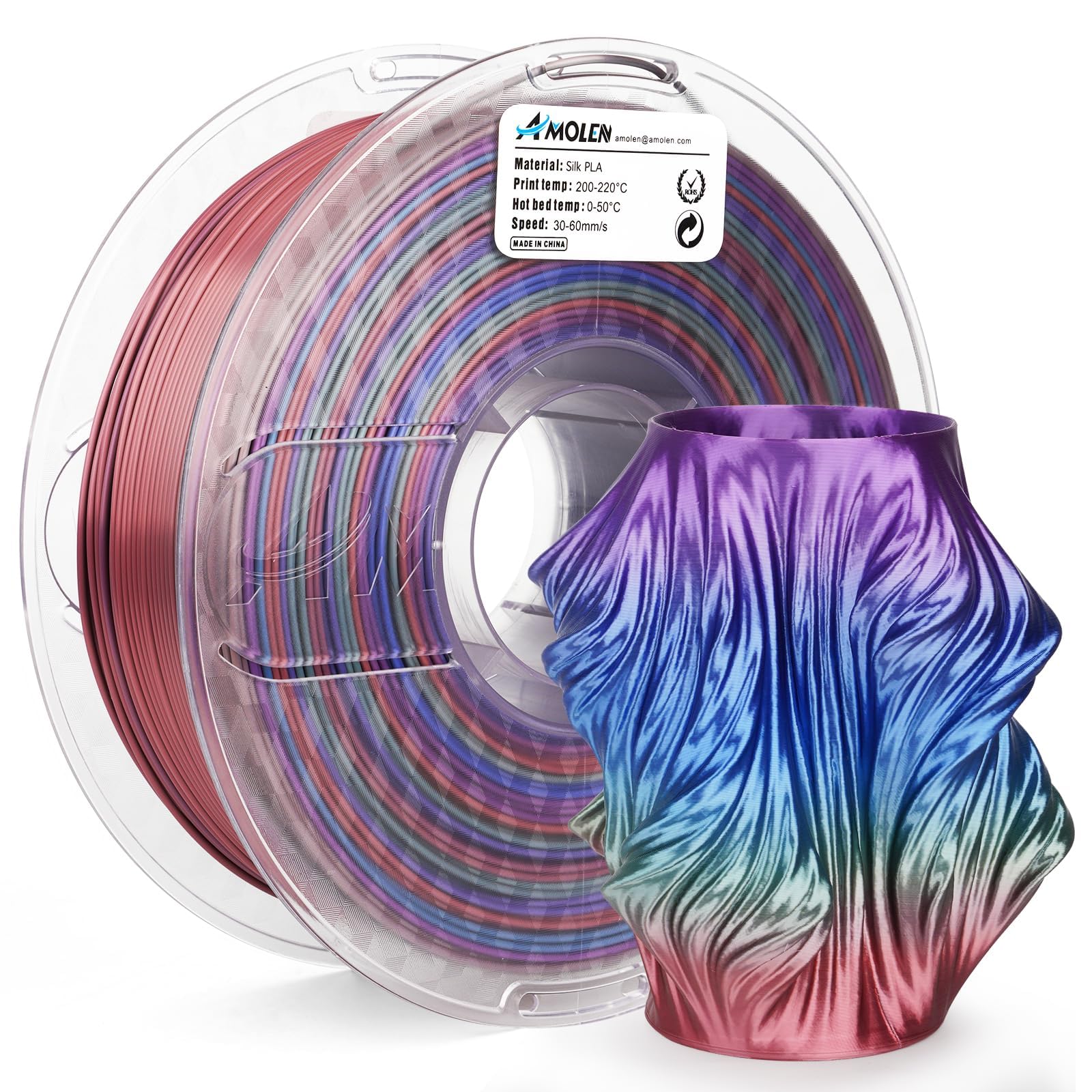AMOLEN 3D Printer Filament, Silk PLA Filament 1.75mm, Shiny Cosmic Rainbow PLA, Gradient Colors Change Fast Printing PLA for Mos