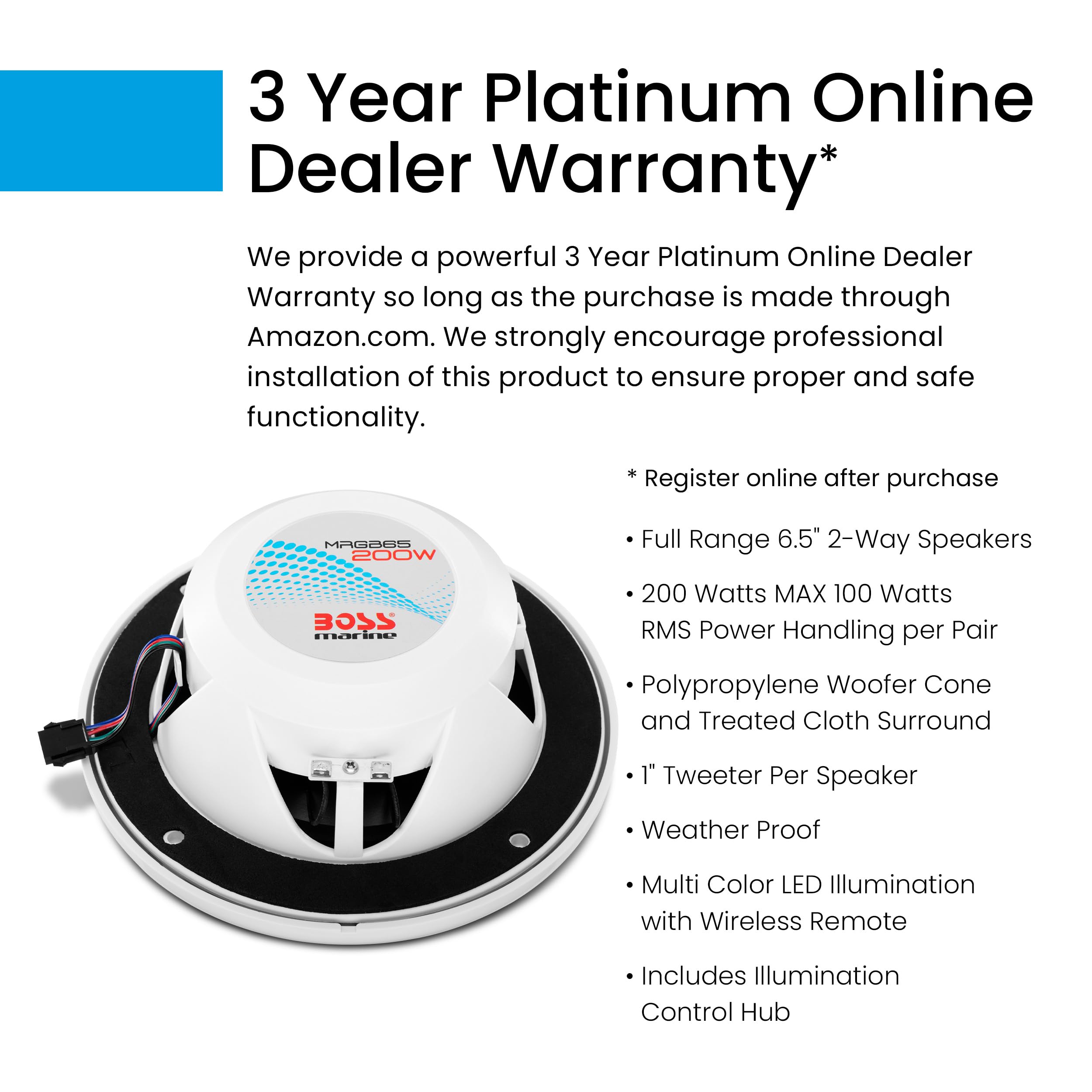 Boss Audio Systems Mrgb65 6.5 Inch Marine Boat Stereo Speakers - 200 Watts (Per Pair), Coaxial, 2 Way, Full Range, 4 Ohms, Multi