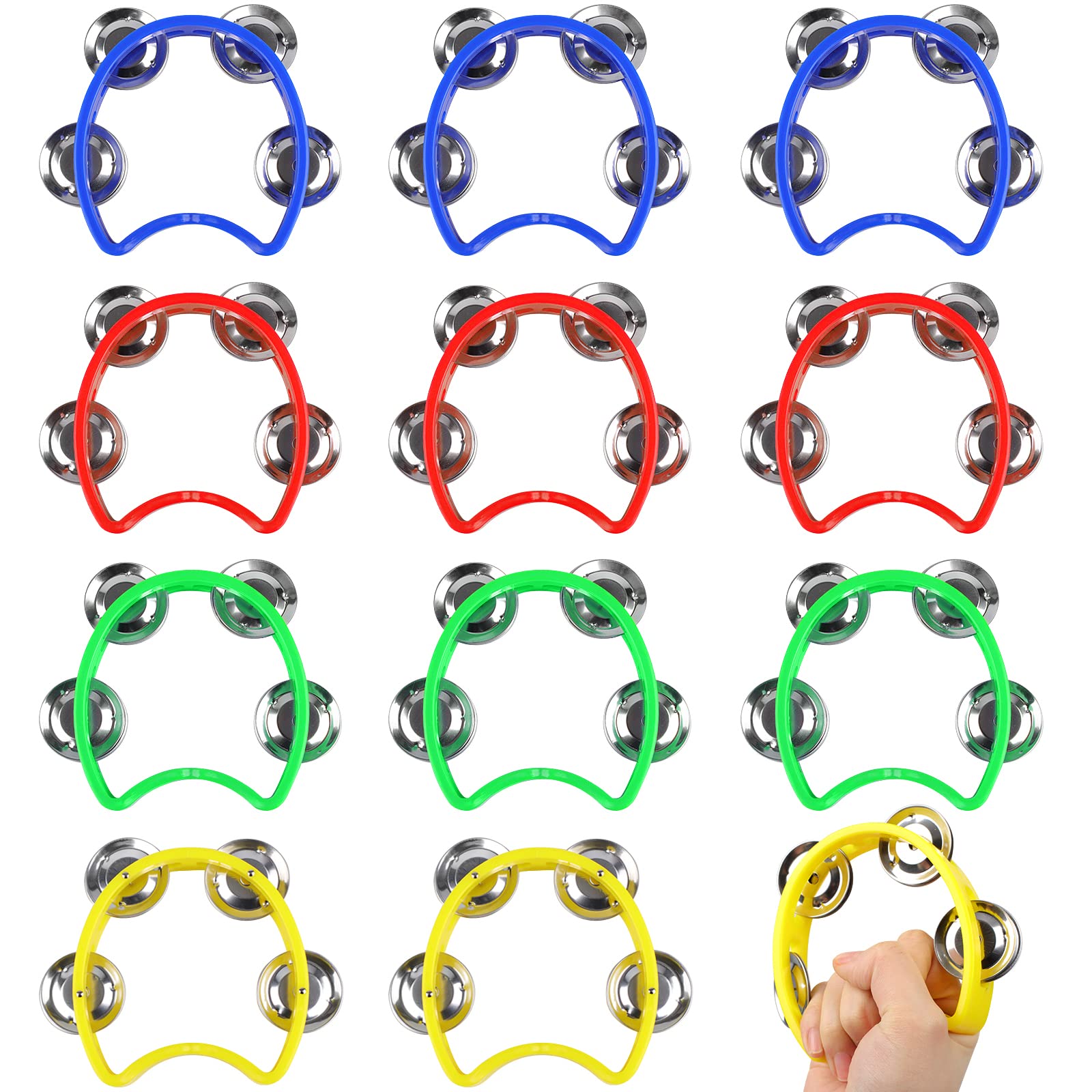 Tkocisa 12 Pack Plastic & Metal Mini Percussion Tambourines, Hand Held Drum, 4 Colors (Blue, Red, Yellow, Green), Music Educatio