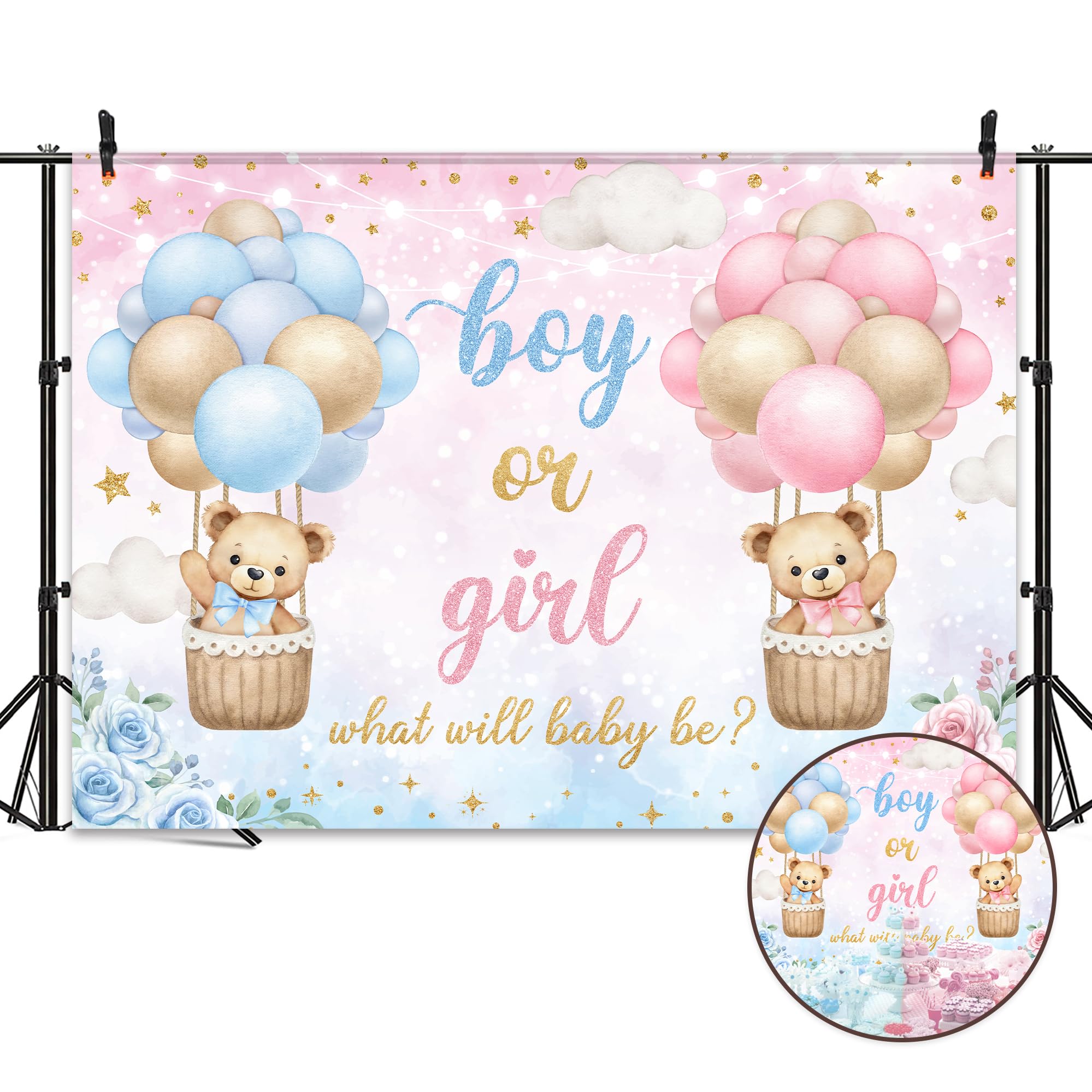 Omifly Bear Gender Reveal 7Wx5H Backdrop For Photography Boy Or Girl Pink Blue Hot Air Balloon Floral Newborn Baby Shower Backgr