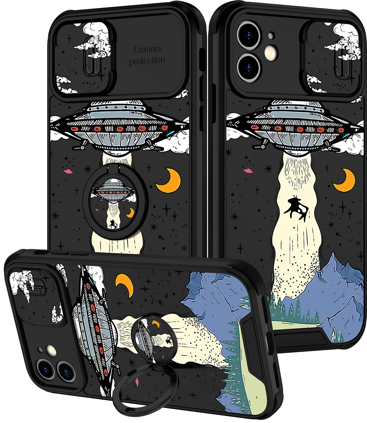 Goocrux (2In1 For Iphone 12 Case For Women Girls Cute Ufo Phone Cover Cool Aliens Universe Pattern Design With Slide Camera Cove