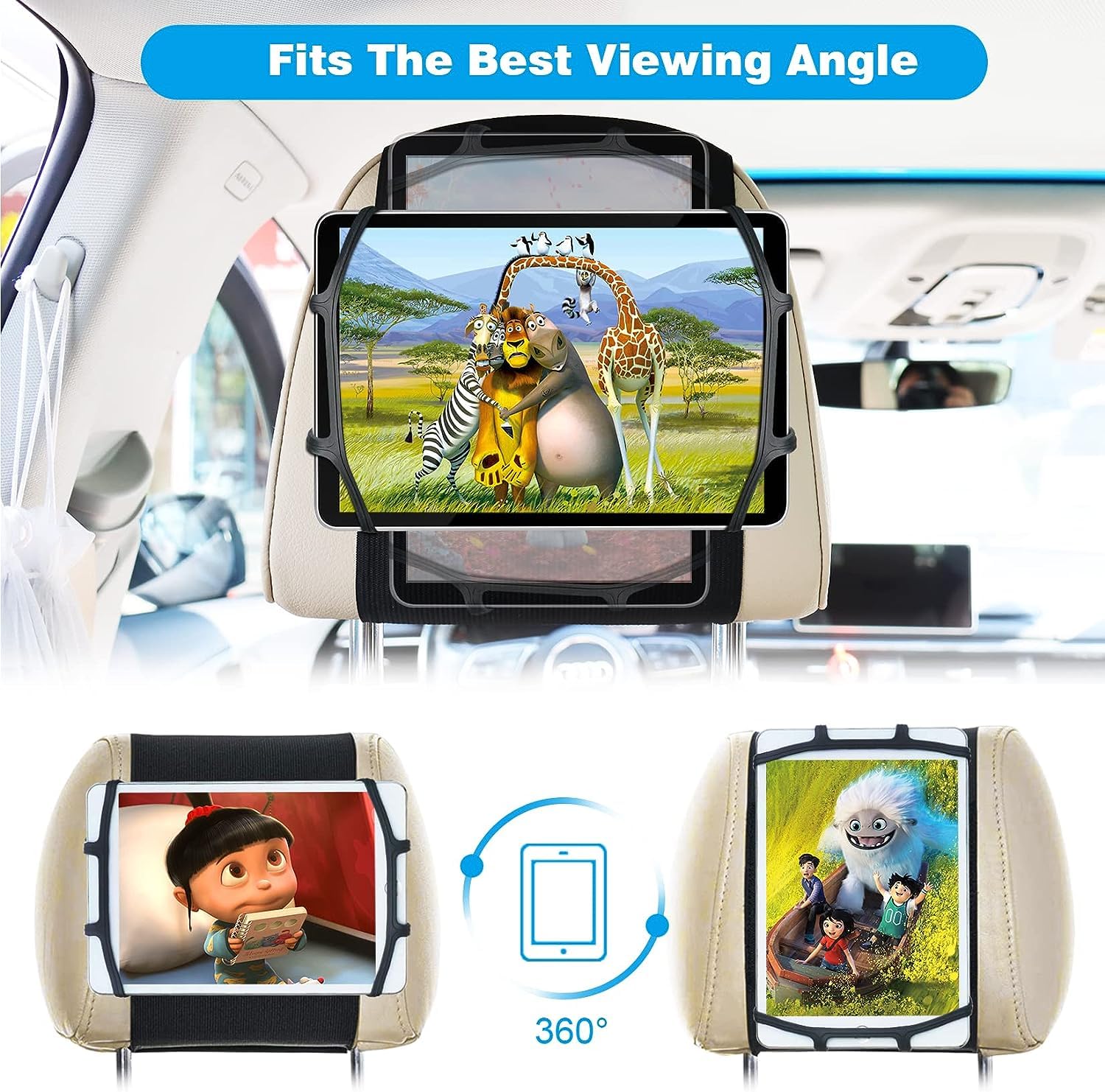 Bigasuo Car Headrest Mount Holder For Kids Tablet Holder For Car Backseat Anti Slip Strap Holding Net Adjustable Angle Seat Moun