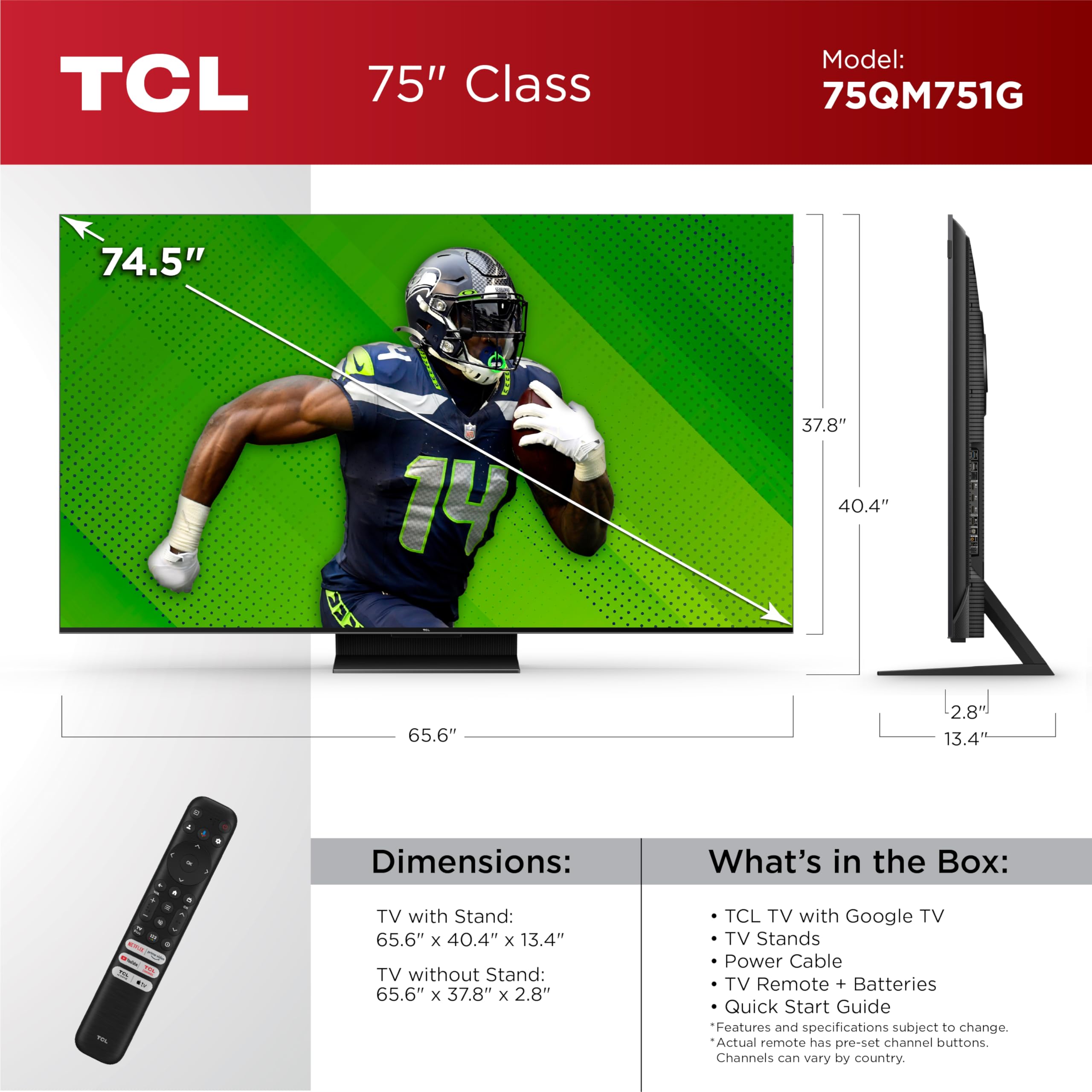 Tcl 75 Inch Qm7 Qled 4K Smart Qd Mini Led Tv With Google Tv (75Qm751G, 2024 Model) Dolby Vision Iq, Dolby Atmos, Hdr, Game Accel