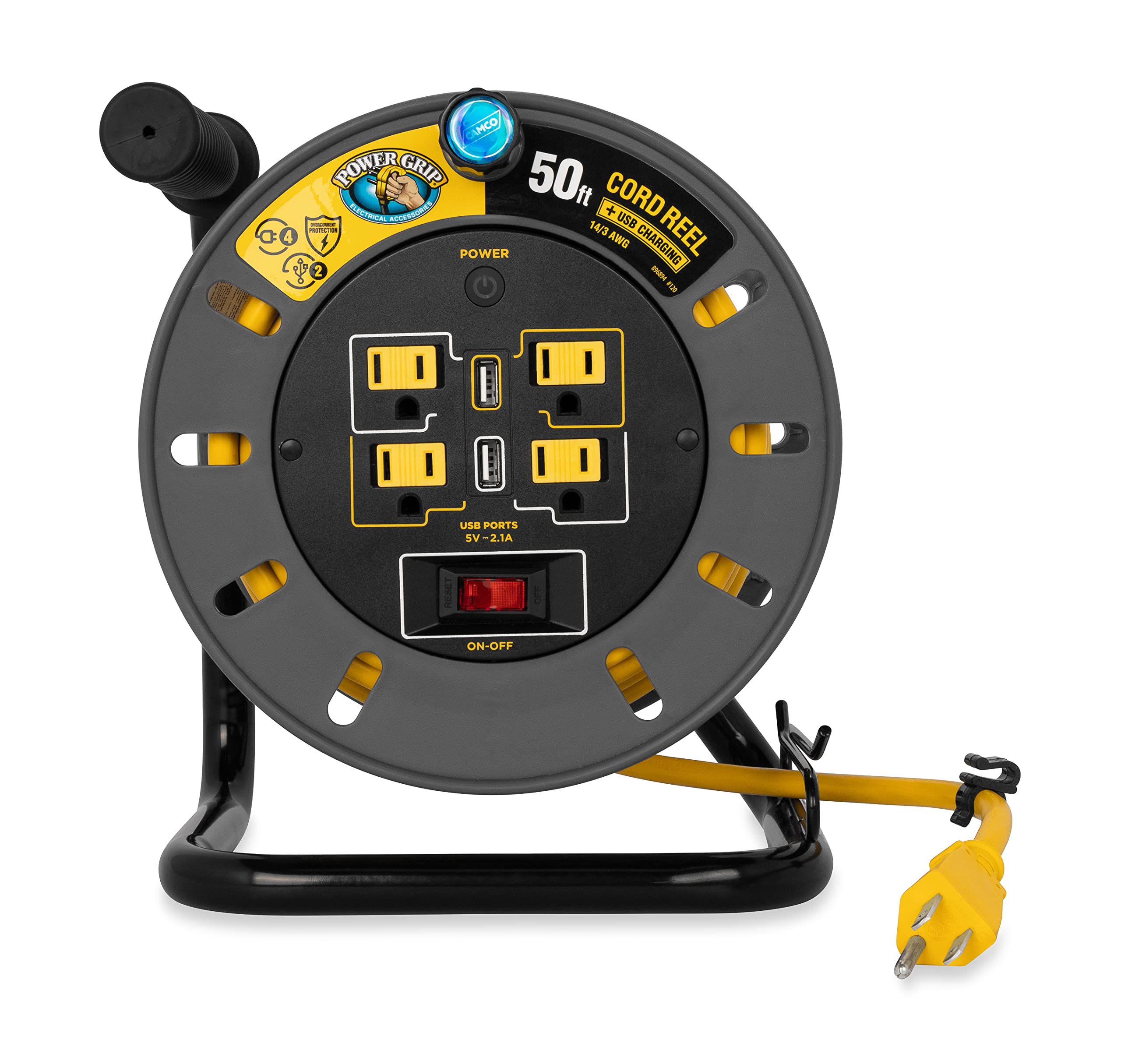 Camco Power Grip 50 Foot Extension Cord Reel With Usb Charging Ports | Provides An Extended Length To Power Your Equipment And D