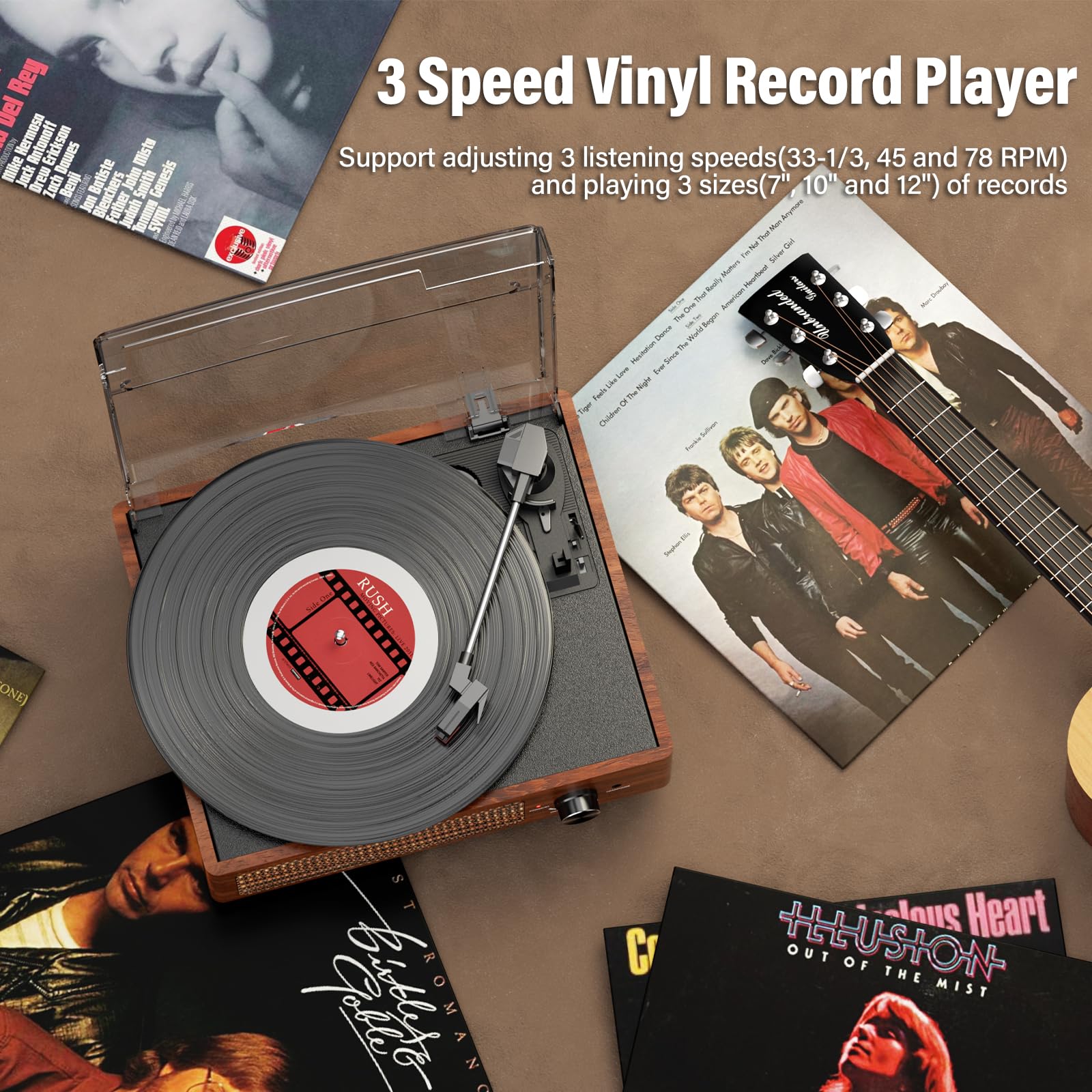 Vinyl Record Player Turntable With Built In Bluetooth Receiver & 2 Stereo Speakers, 3 Speed 3 Size Portable Retro Record Player