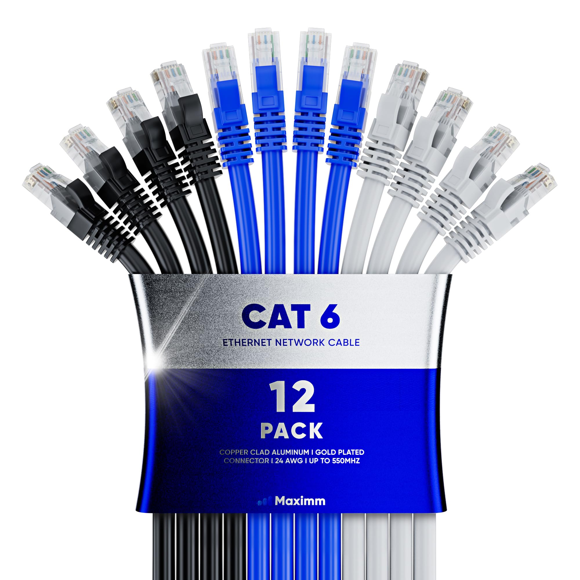 Maximm Cat 6 Ethernet Cable 12 Ft (12 Pack)   High Speed Lan Cable, Internet Cable, Patch Cable, And Network Cable   Utp, 10Gbps, 550Mhz Ethernet Cord   Tricolor