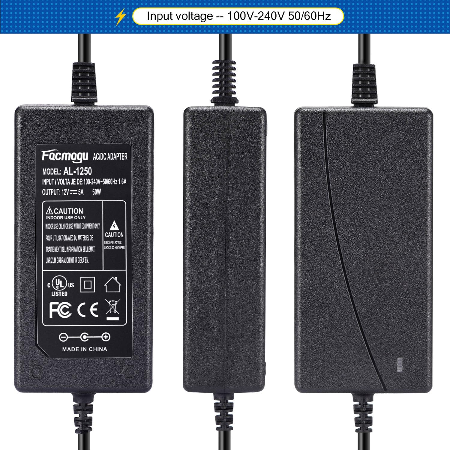 Facmogu 60W 12V 5A AC/DC Power Adapter, 100-240V Input, 12V 5A Output, Black, with 5.5x2