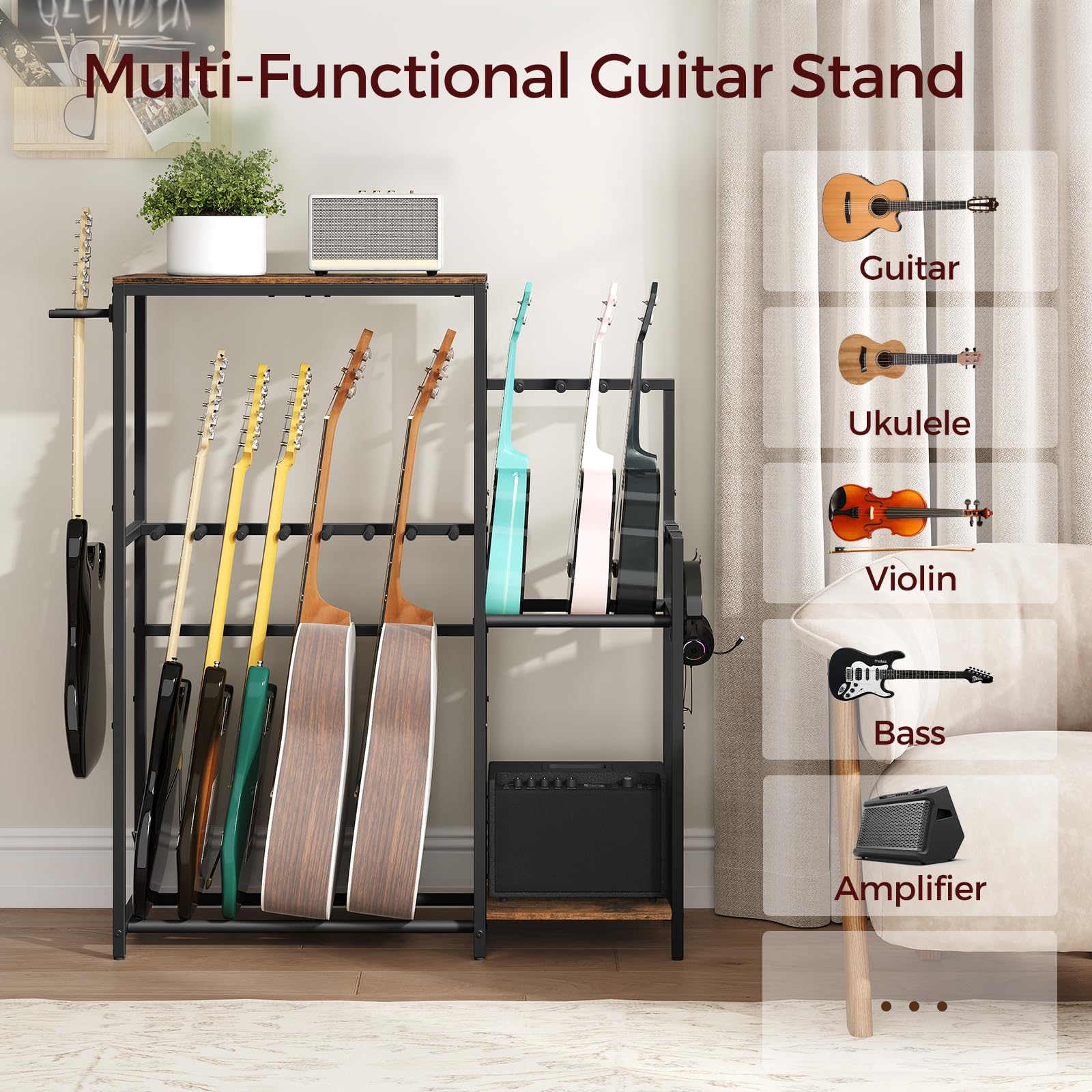 Mahancris Guitar Stand, Multi-Guitar Rack, For Acoustic, Electric Guitar, Bass, Ukulele, Banjo, For 6 - 7 Guitars, Guitar Amp St