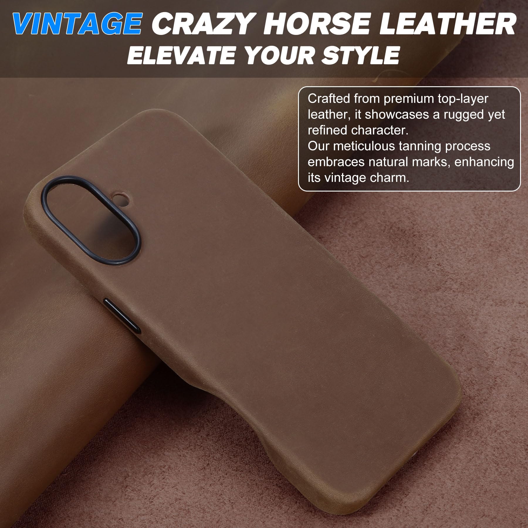 Shieldon Case For Iphone 16 Plus 5G, Top Grain Crazy Horse Leather Magnetic Wireless Charging Anti-Scratch Non-Slip Shockproof C