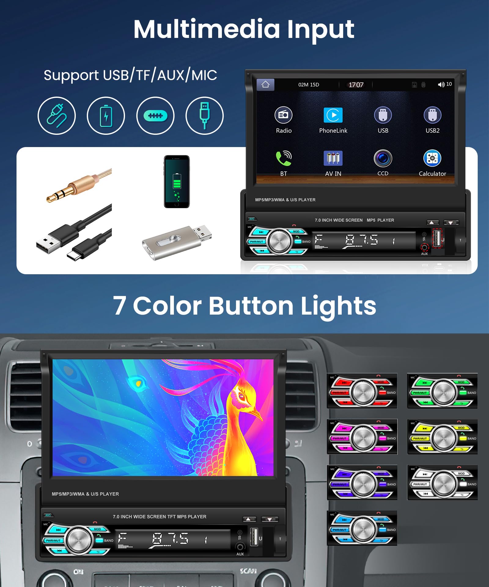 Car Stereo Single Din Touchscreen Car Radio With Bluetooth, Rimoody 7 Inch Electric Flip Out Screen Mirror Link Fm Radio Aux  In