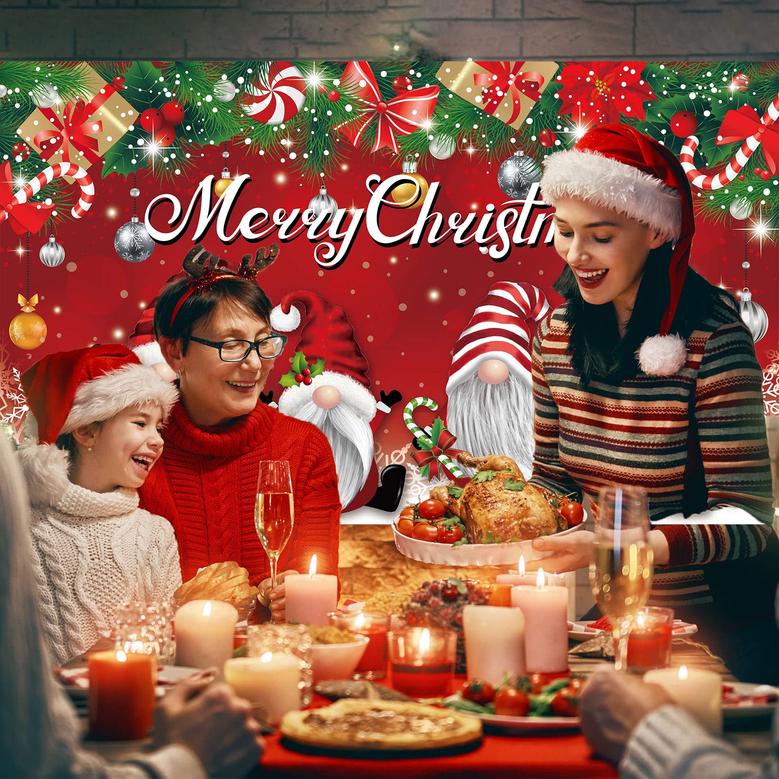 Merry Christmas Party Backdrop Decorations Large Fabric Red Xmas Gnome Banner Photo Booth Background For Christmas Winter Holida