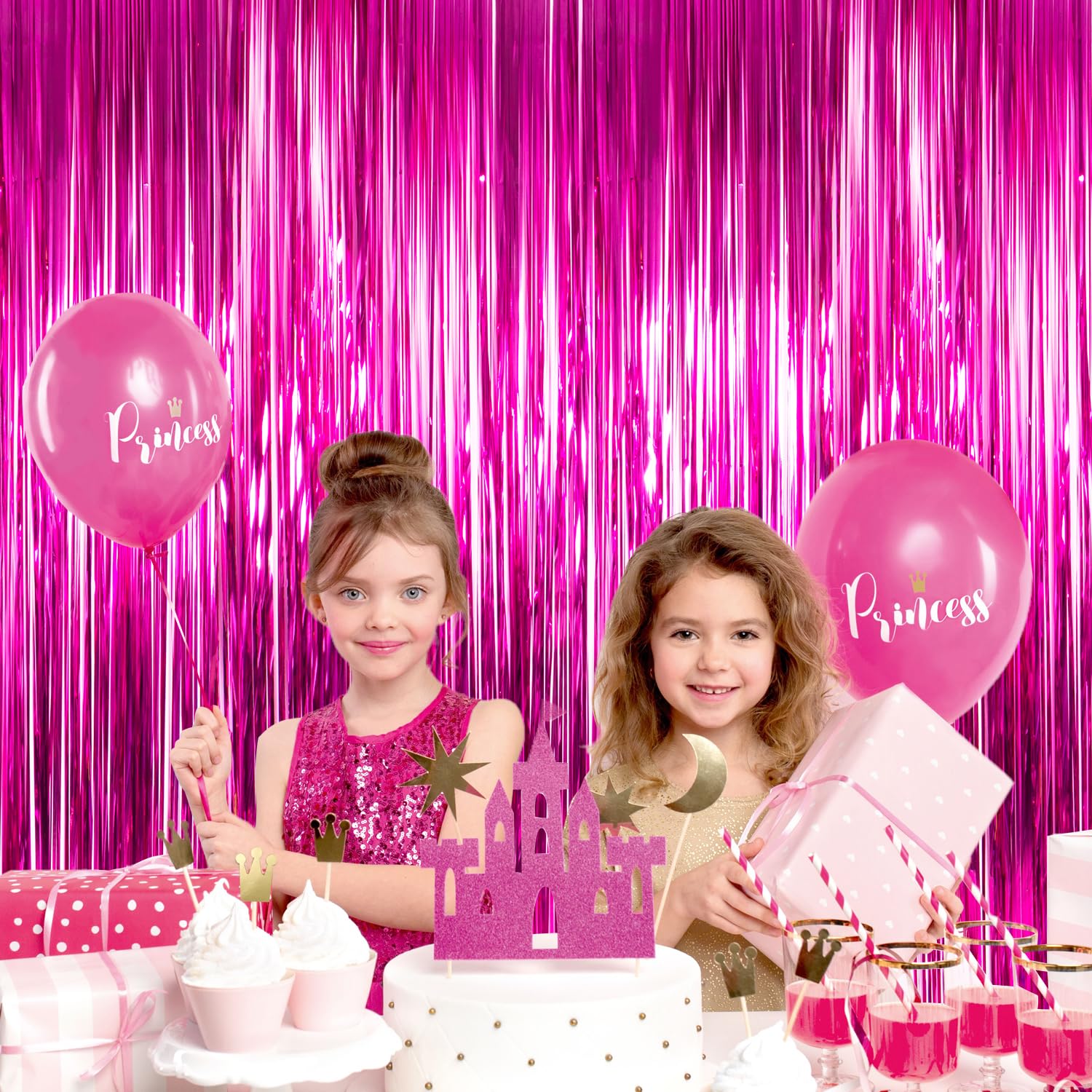 Yukl Hot Pink Curtains Fringe Backdrop Hot Pink Streamers Party Decorations 2Pack 3.3*8.2Ft Hot Pink Birthday Decorations Tinsel