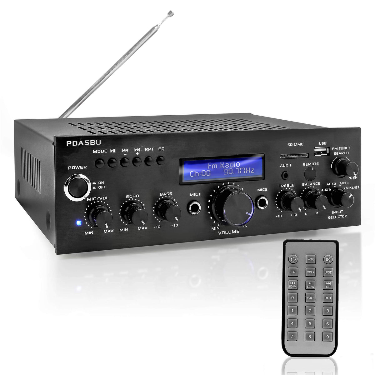 Pyle Wireless Bluetooth Power Amplifier 200 Watt Audio Stereo Receiver W/Usb Port, Aux In, Fm Radio, 2 Karaoke Microphone Input,