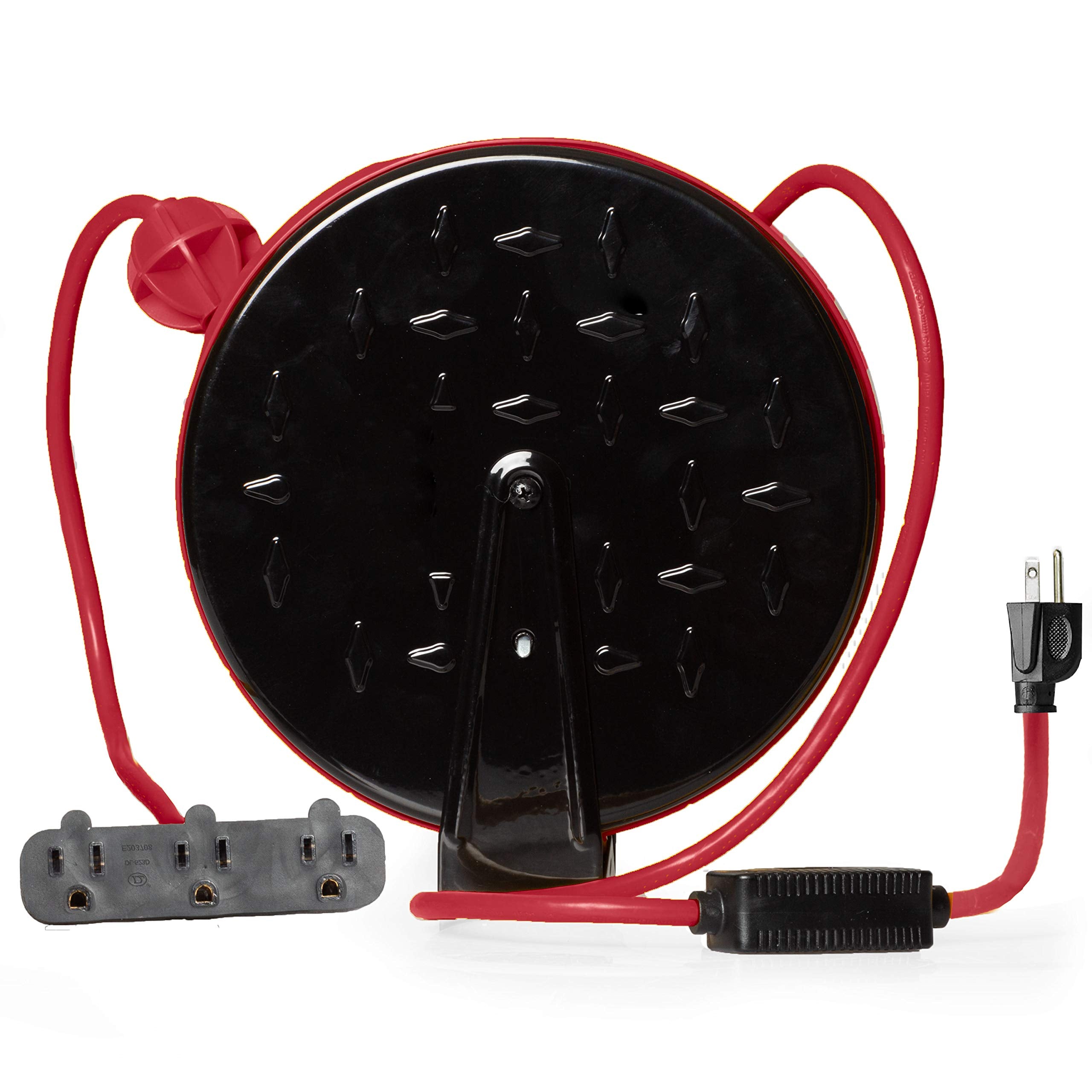 Iron Forge Cable 30Ft Retractable Extension Cord Reel With Breaker Switch & 3 Electrical Power Outlets   16/3 Sjtw Durable Red C