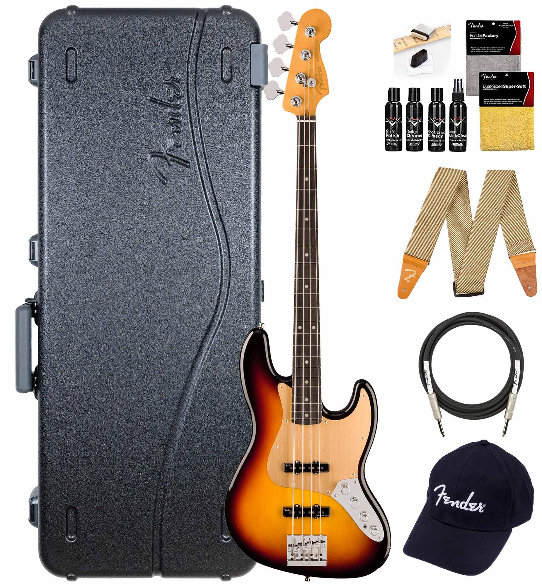 Fender American Ultra II Jazz Bass - Ultraburst Bundle with Case, Strap, Cable, Hat, and Guitar Cleaning Kit