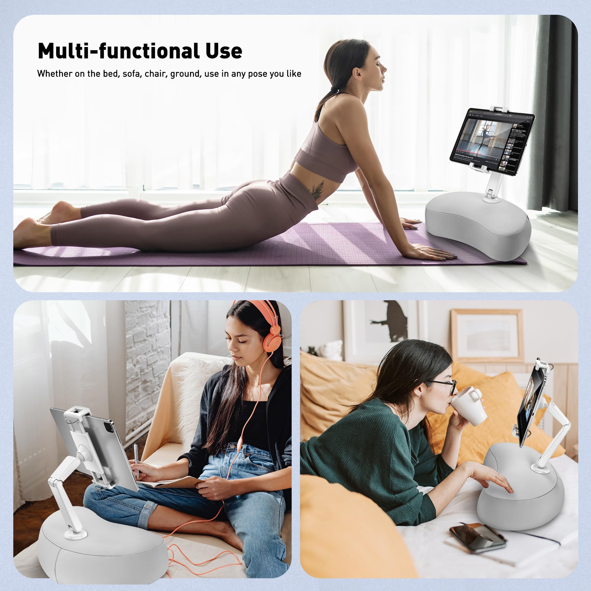 AboveTEK Kindle Tablet Pillow Stand, iPad Pillow Holder for Lap with Soft Bean Bag, Multiple Angles Adjustable iPad Bed Holder Fits 4.7 to 12.9 Inch Kindle/Tablet/Phone for Sofa, Chair, Ground   Gray