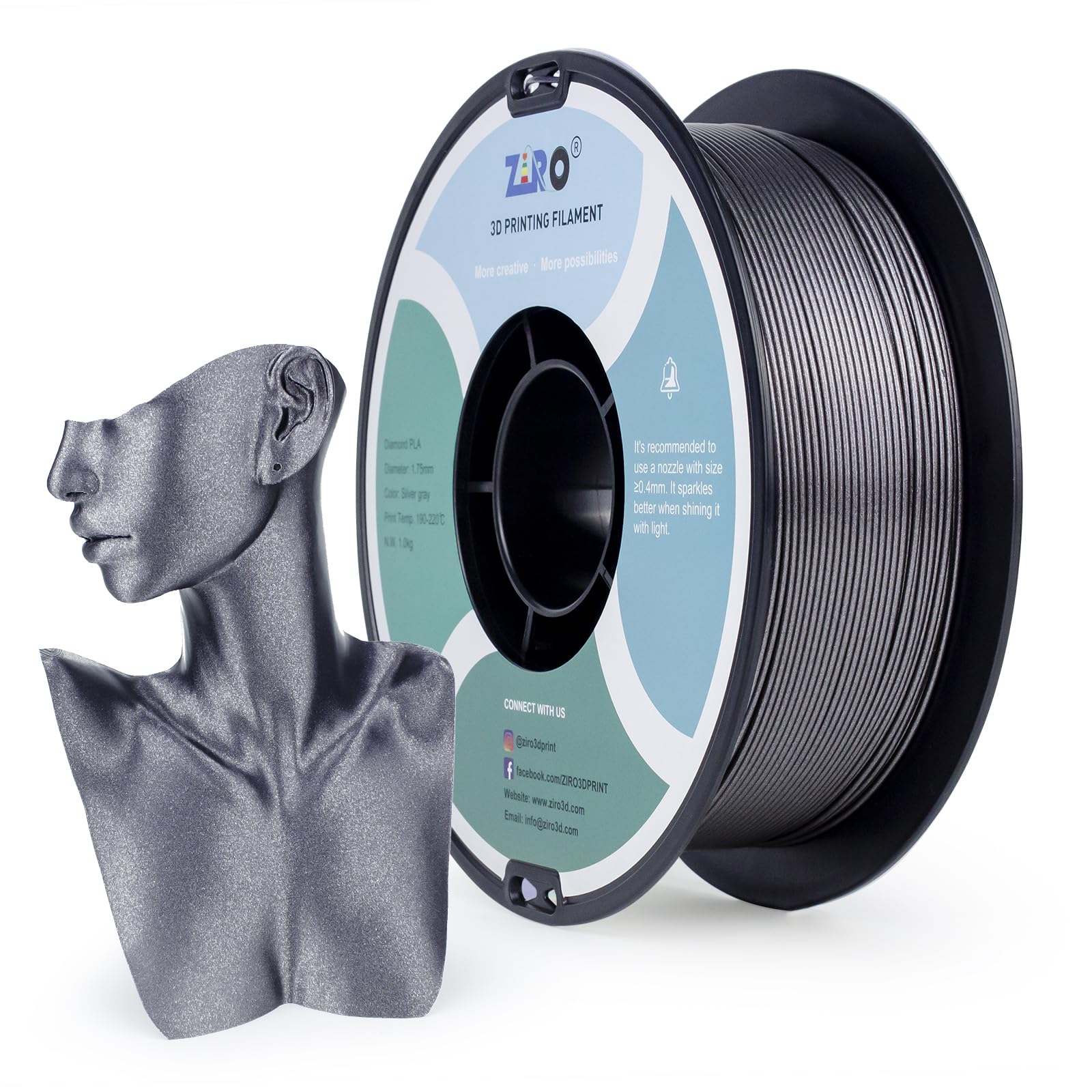ZIRO 3D Printer Filament, 1.75mm Shiny Sparkle PLA with Glitter, Diamond Series Filament, Twinkling PLA Pure Color 1kg Spool, Fi