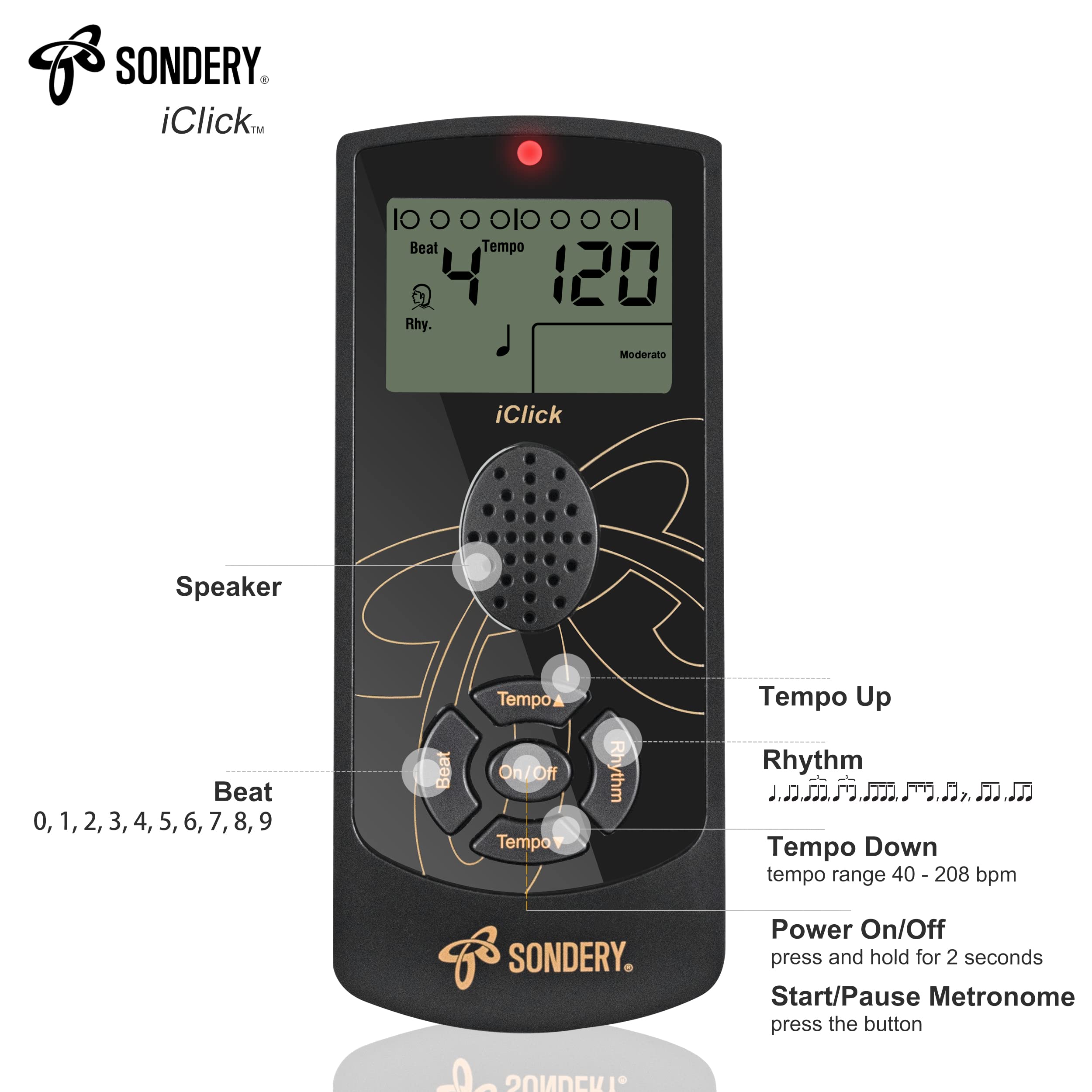 Sondery Digital Metronome For Guitar Piano Drum And All Instruments, Woman Vocal Counting Option, Direct Controls Via Buttons, E