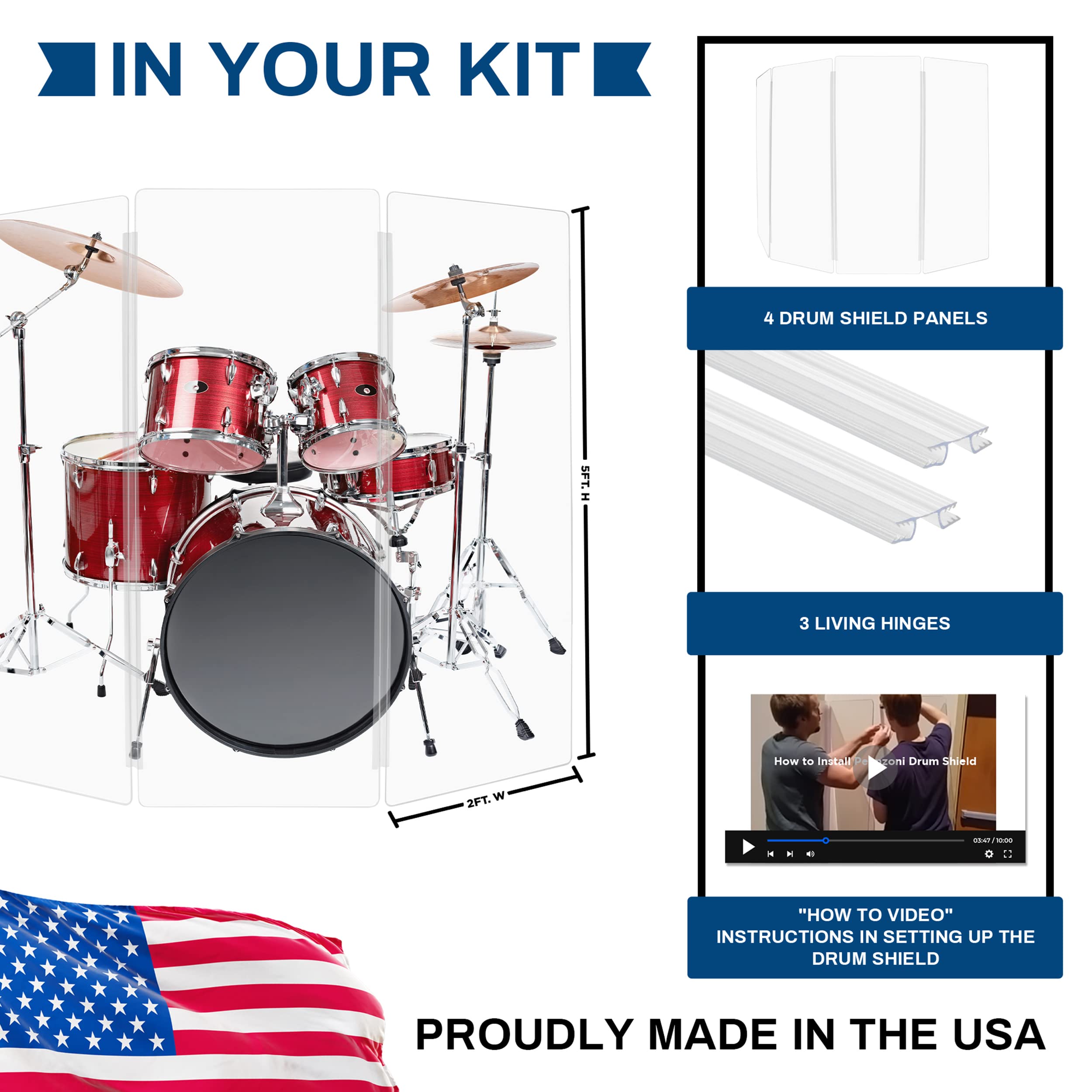 Pennzoni Drum Shield 5Ft W/Plastic Hinges, Comes W/ 4 Drum Panels & Plastic Hinges, Premium Clear Acrylic Panels, Drum Screen