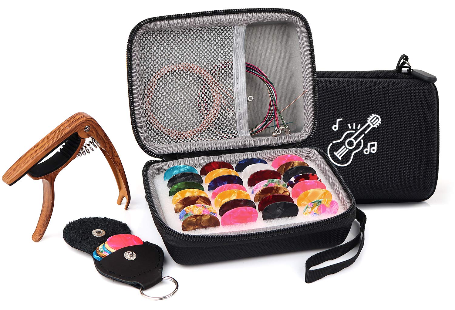 Plasmaller Guitar Pick Holder Case Bag Set, Included Upgrade Capo + Guitar Strings + 30Pcs Acoustic Electric Guitar Colorful Pic