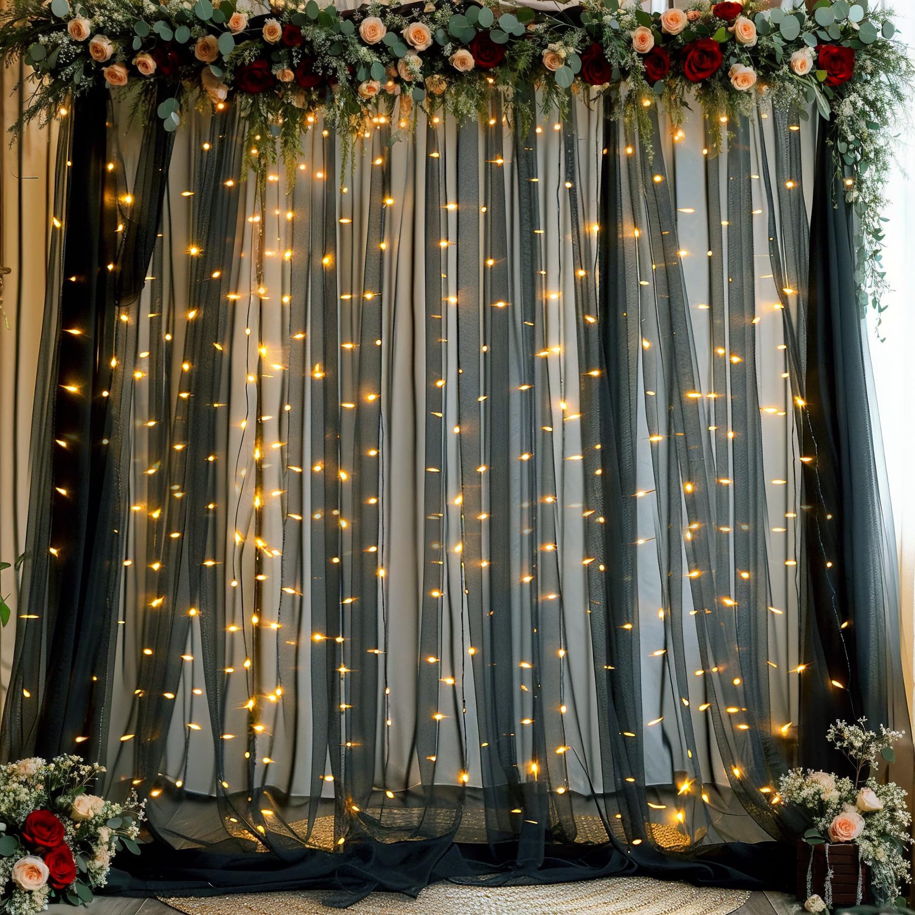 Black Sheer Backdrop Curtains With Lights String For Parties Birthday 10Ft    8Ft Black Tulle Backdrop Curtain For Baby Shower W